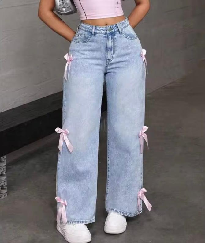 Denim Pants with Ribbon Details