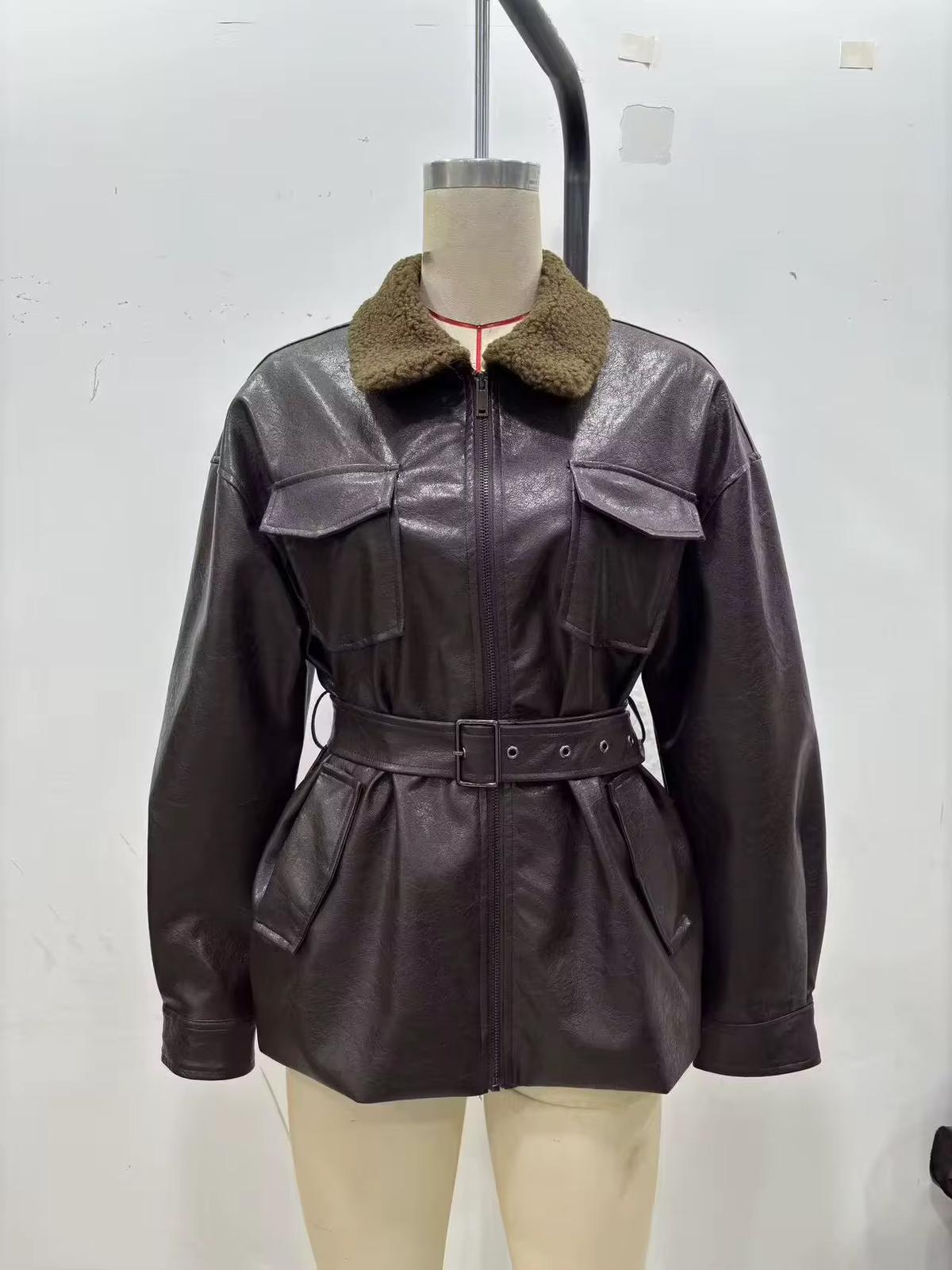 Loose belted leather jacket