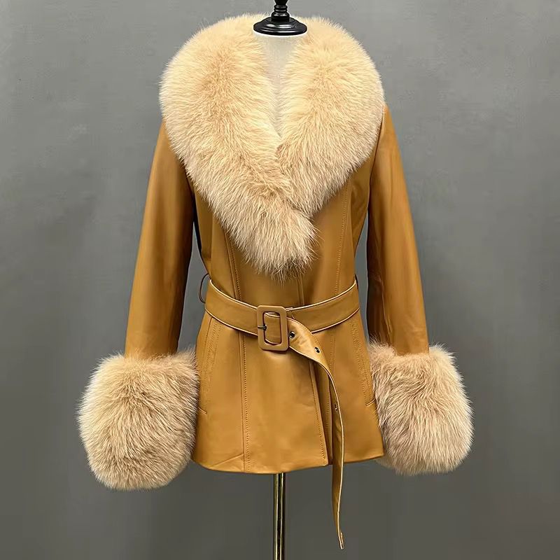 Fur trim leather coat