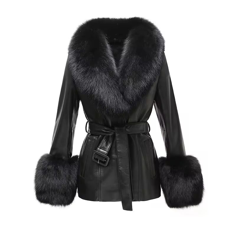 Fur trim leather coat