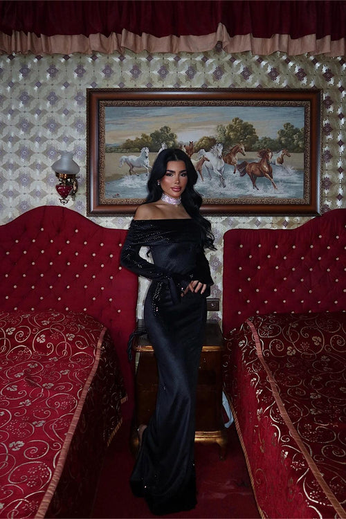 Black Boat Neck Long Dress
