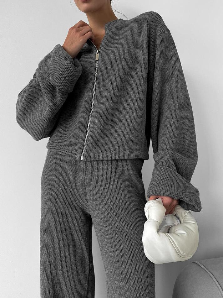 Zip Jacket And Wide Leg Pants Set