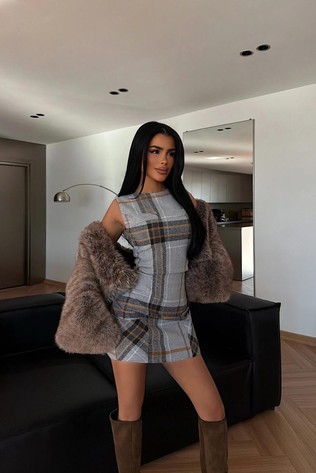 Grey Plaid Sleeveless Dress