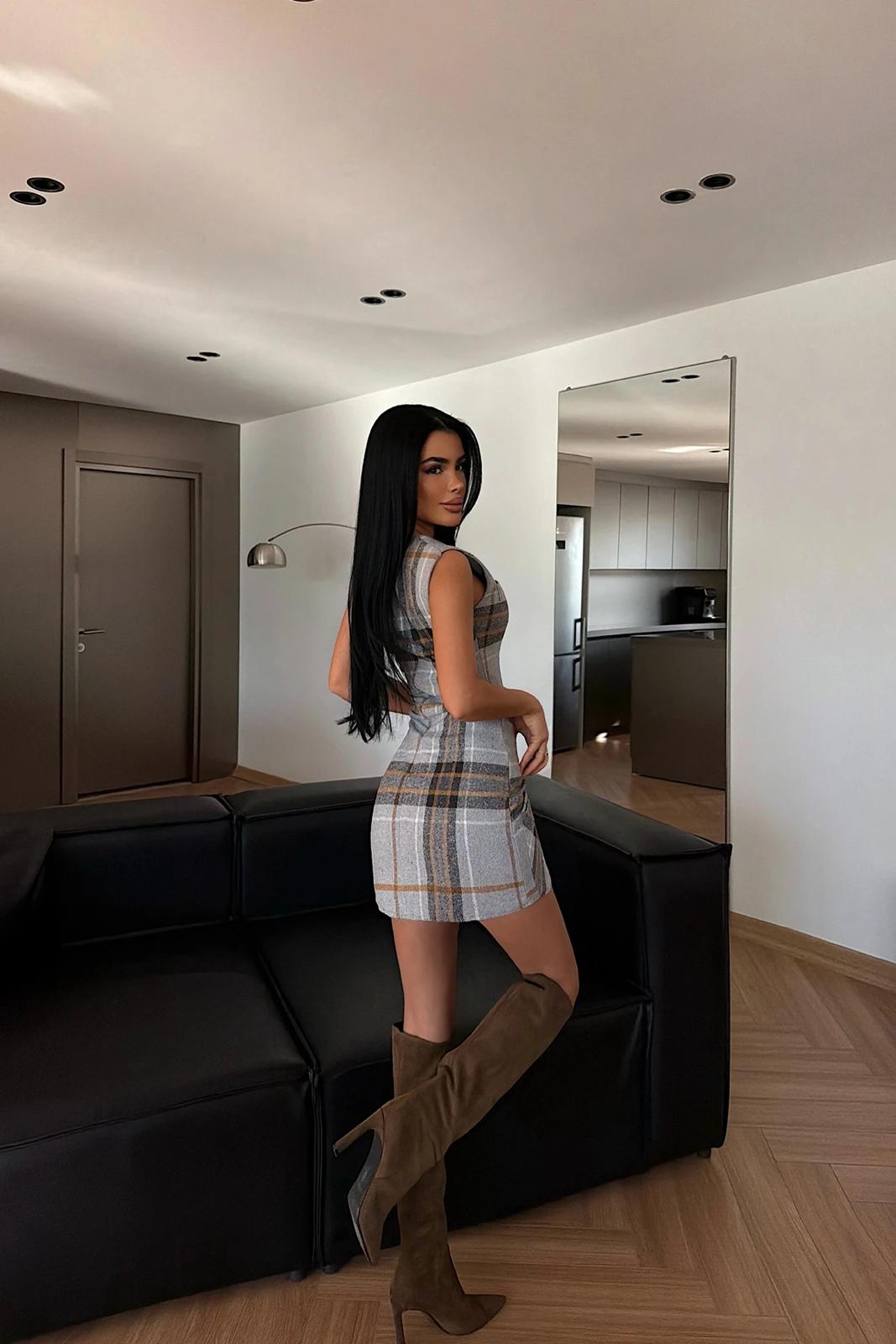 Grey Plaid Sleeveless Dress