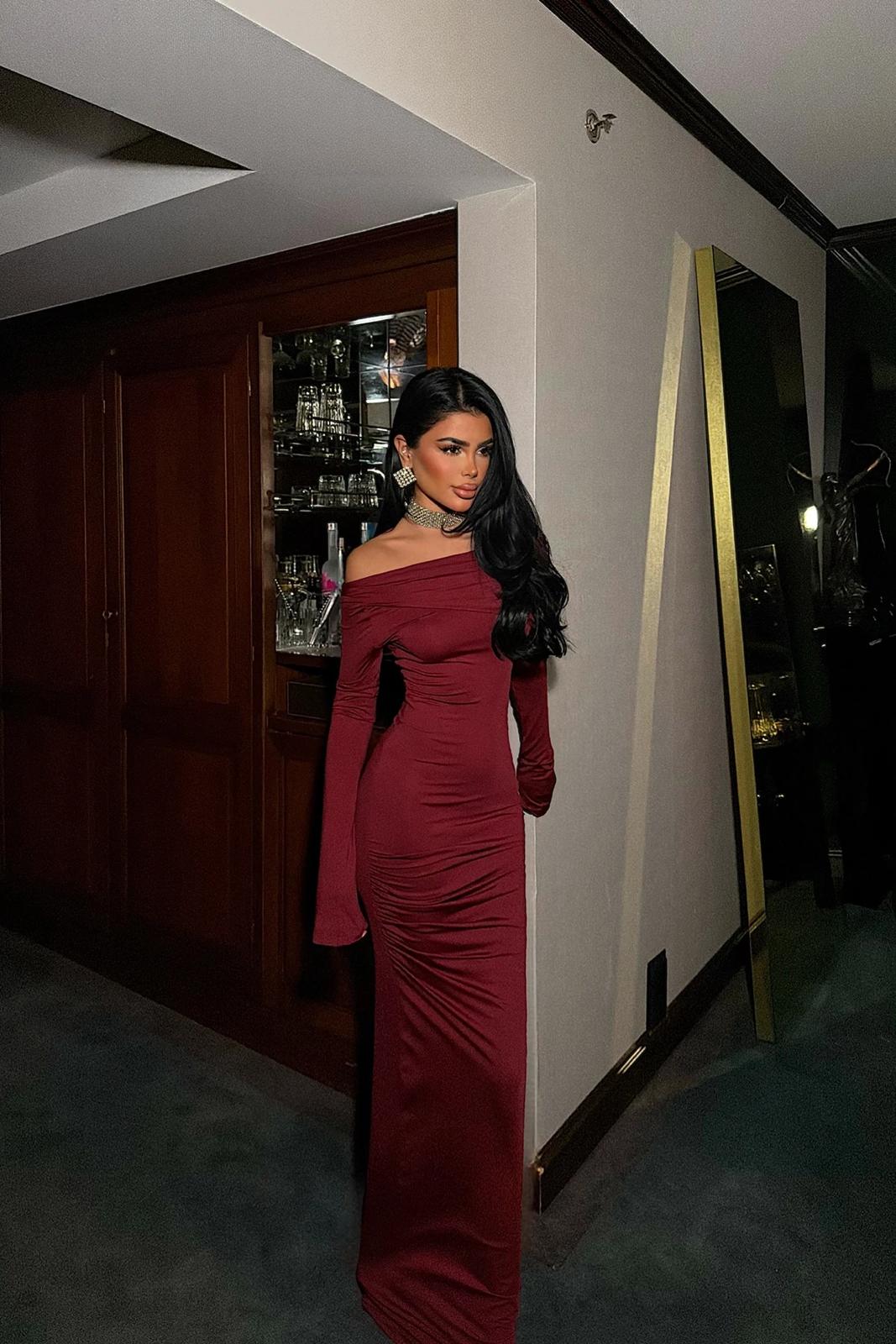 Burgundy Shoulder Detail Long Dress