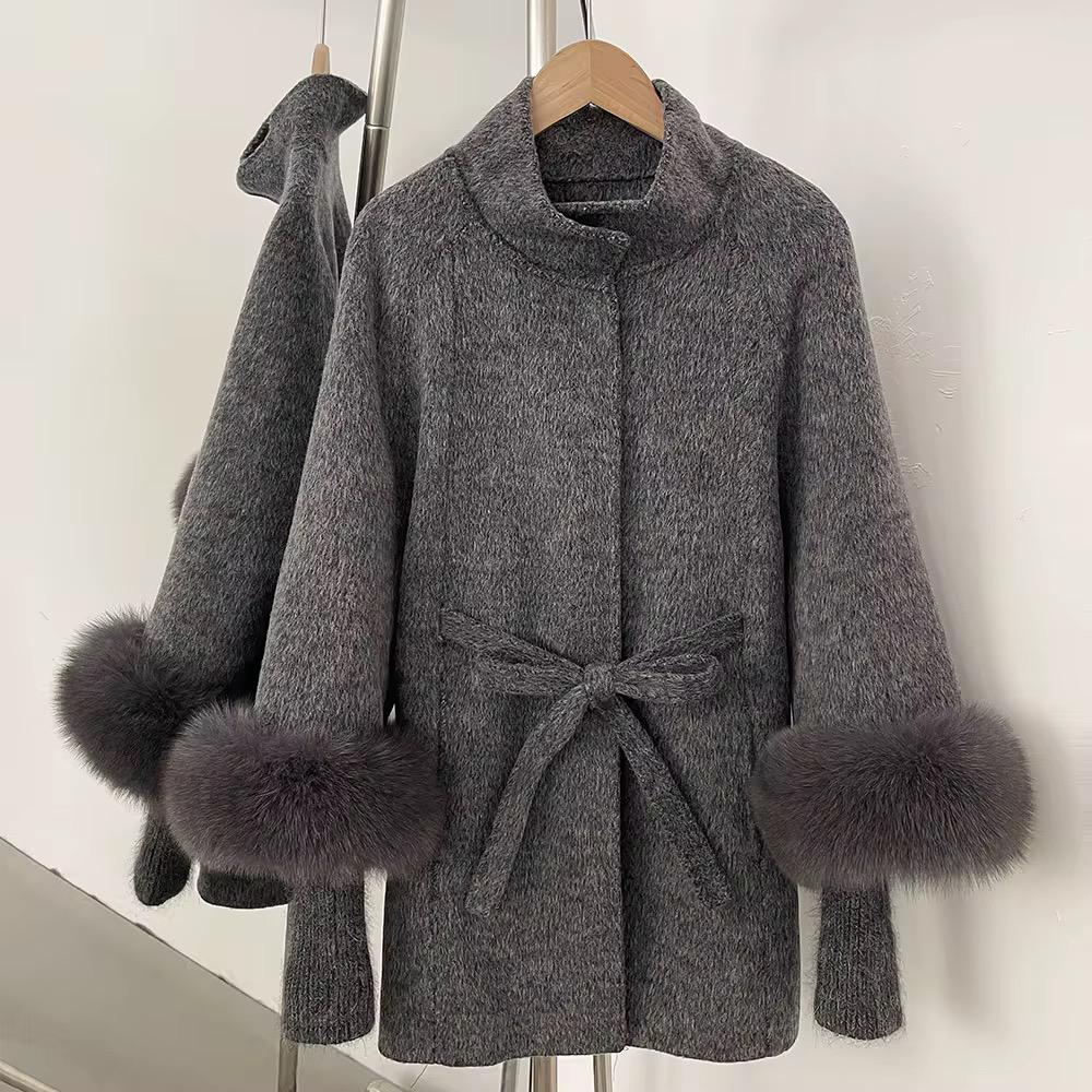 Fox Fur Cuff Belted Wool Coat