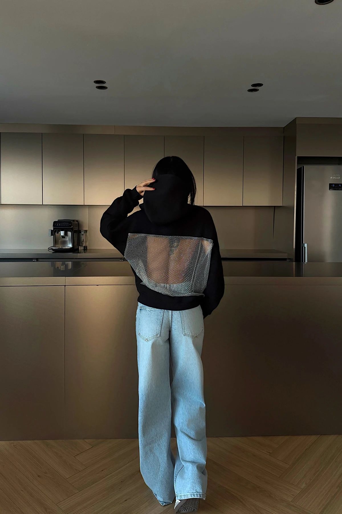 Black Hooded Sweatshirt with Stone Detail on the Back