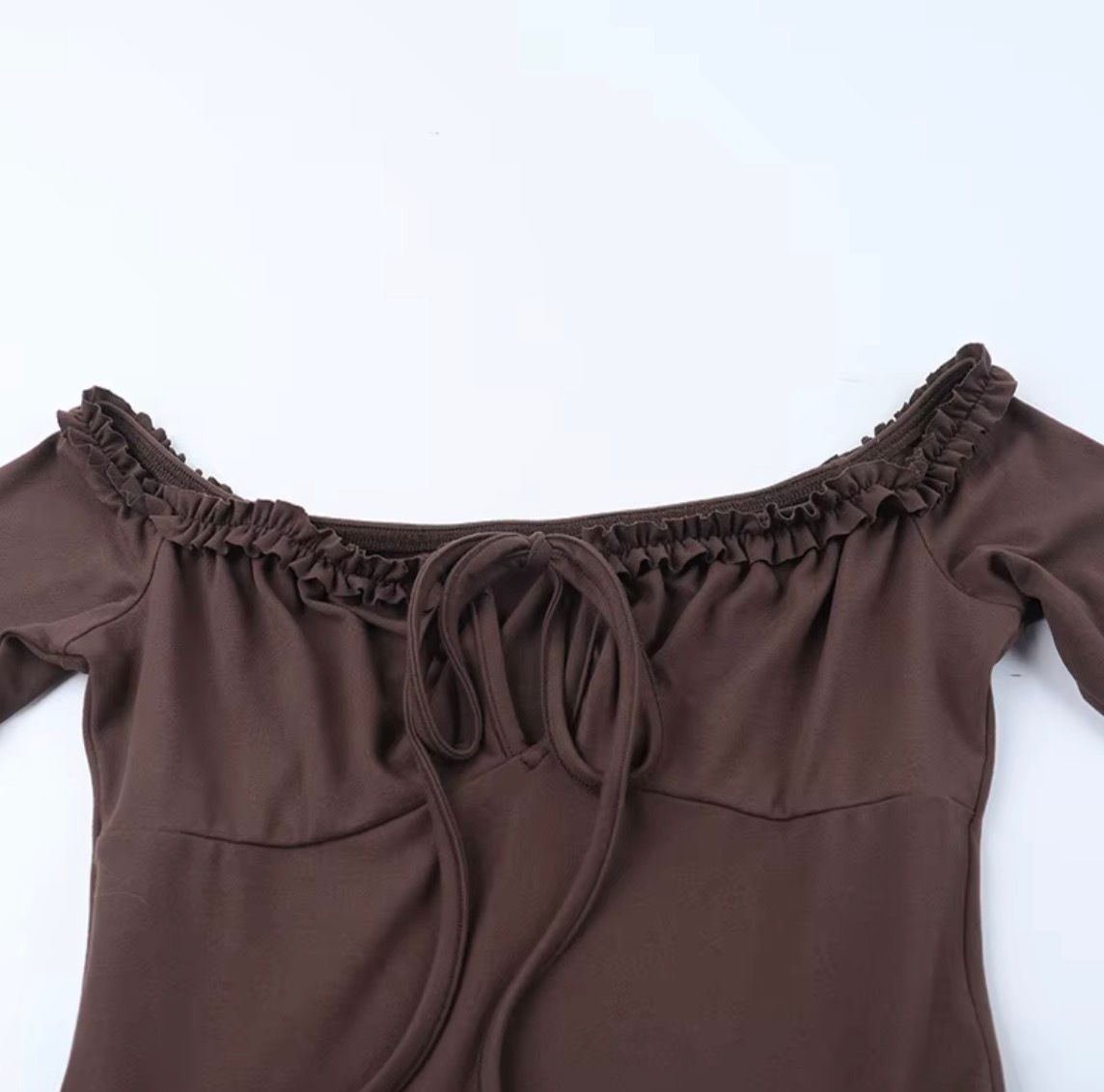Mocha Ruffle Off-Shoulder Dress