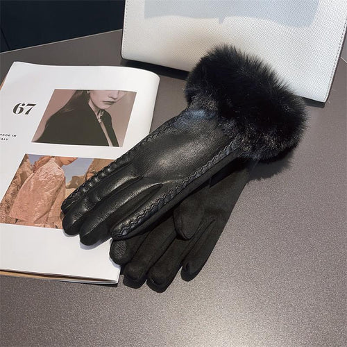 Faux-Fur Cuff Leather Gloves
