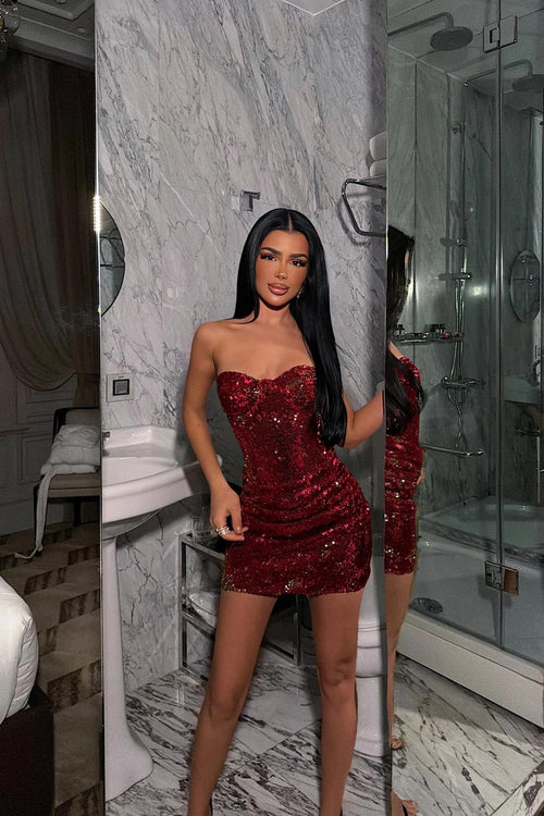 Red Sequin Detail Mini Dress