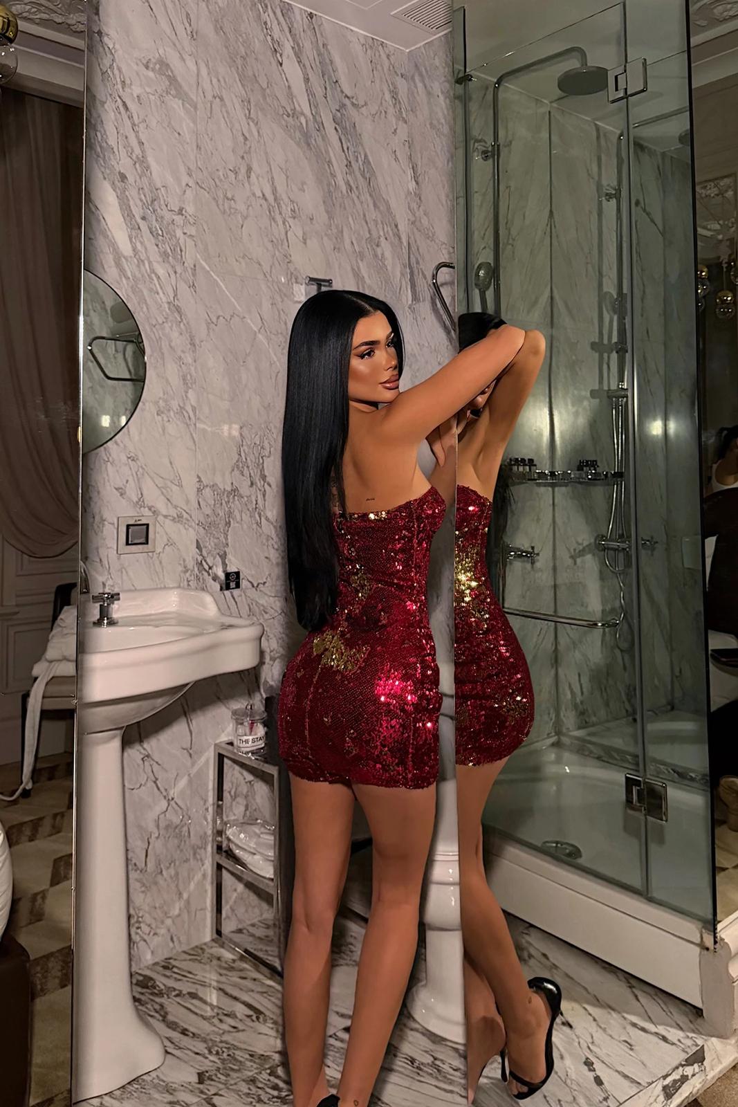 Red Sequin Detail Mini Dress