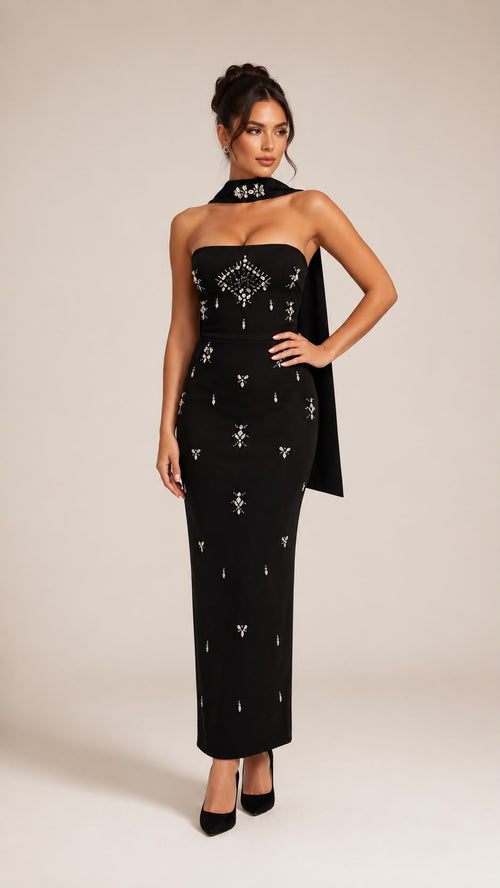 Noir Crystal Fringe Maxi Dress