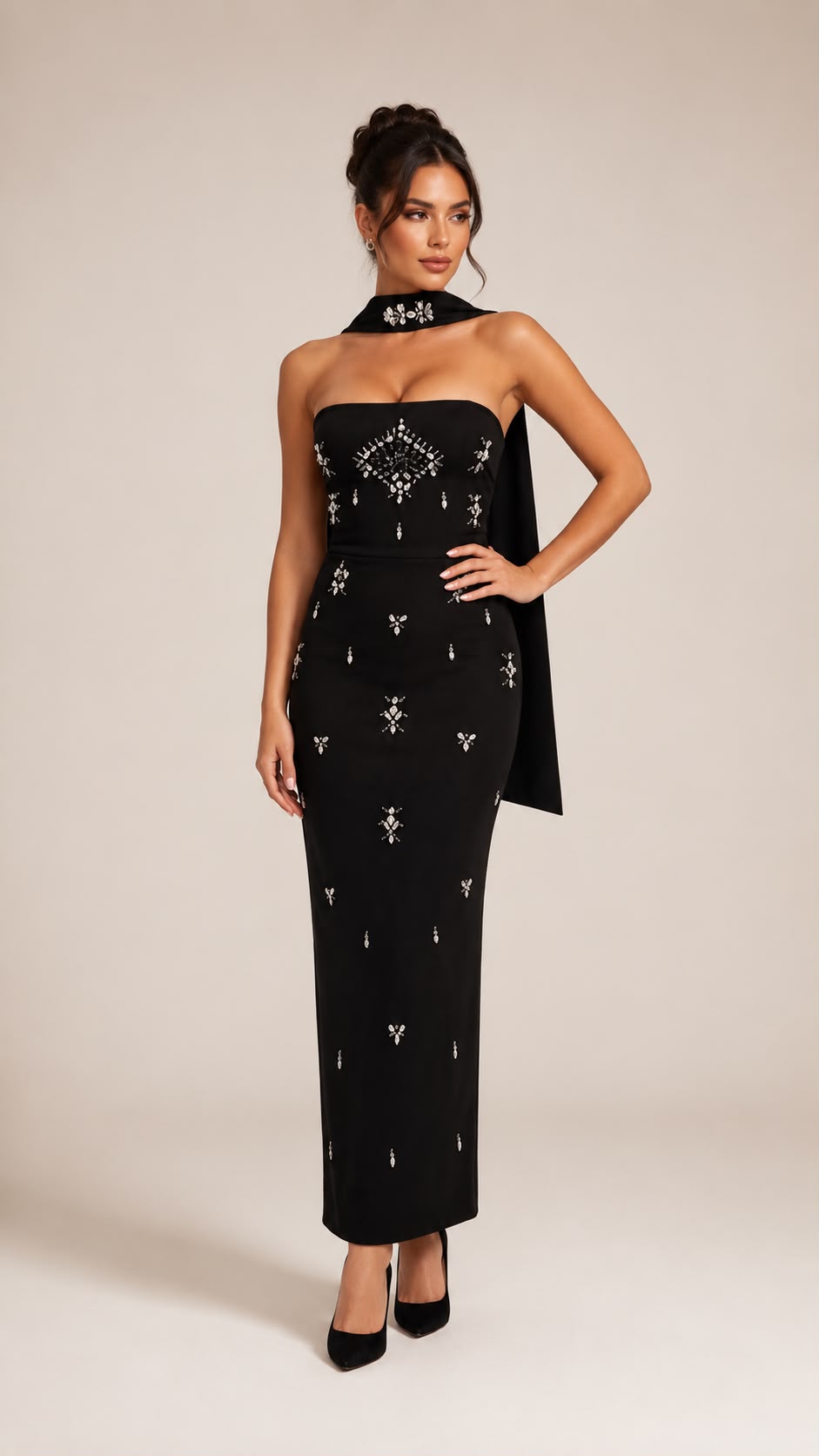 Noir Crystal Fringe Maxi Dress