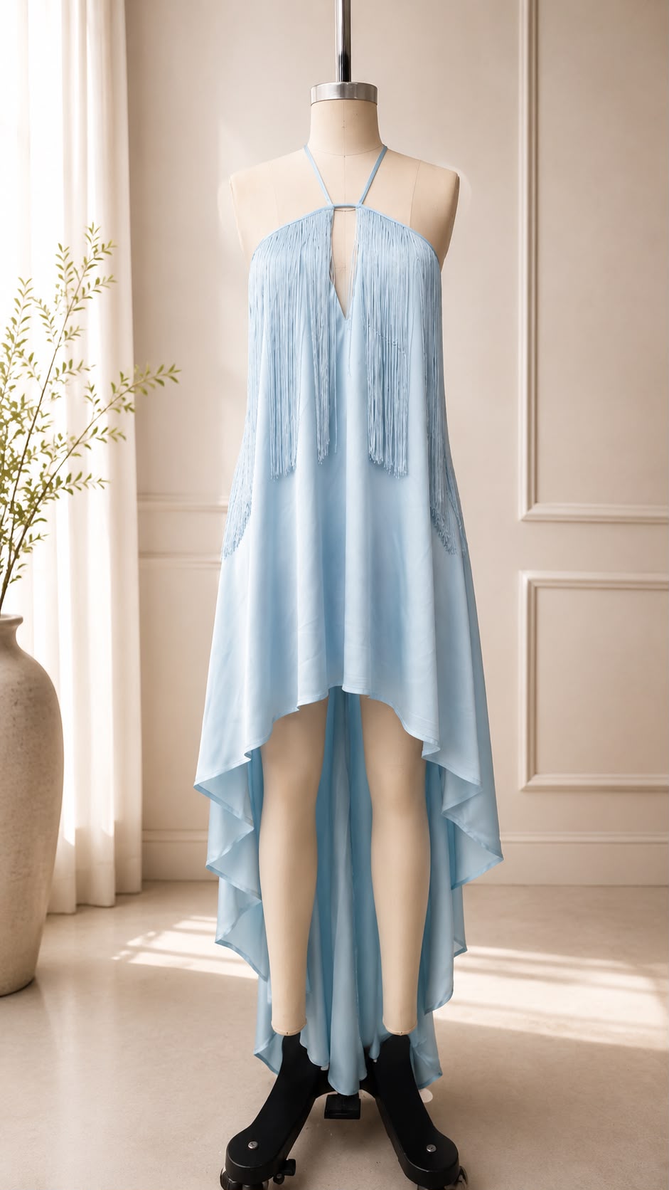 Fringed Halter Asymmetric Train Gown