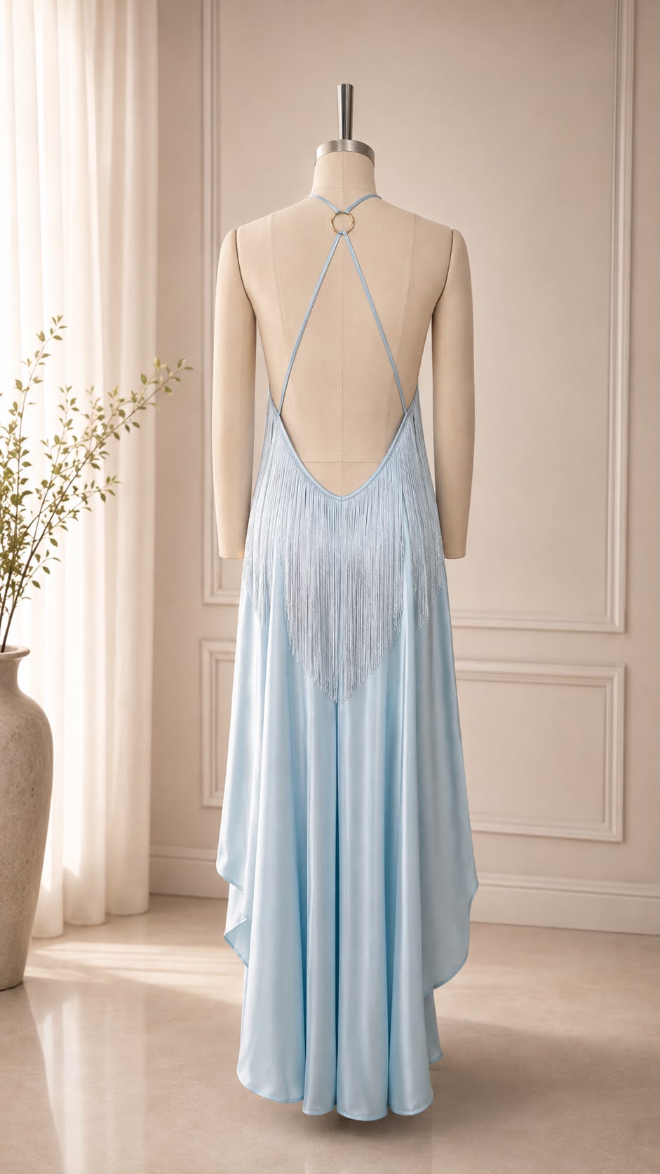 Fringed Halter Asymmetric Train Gown