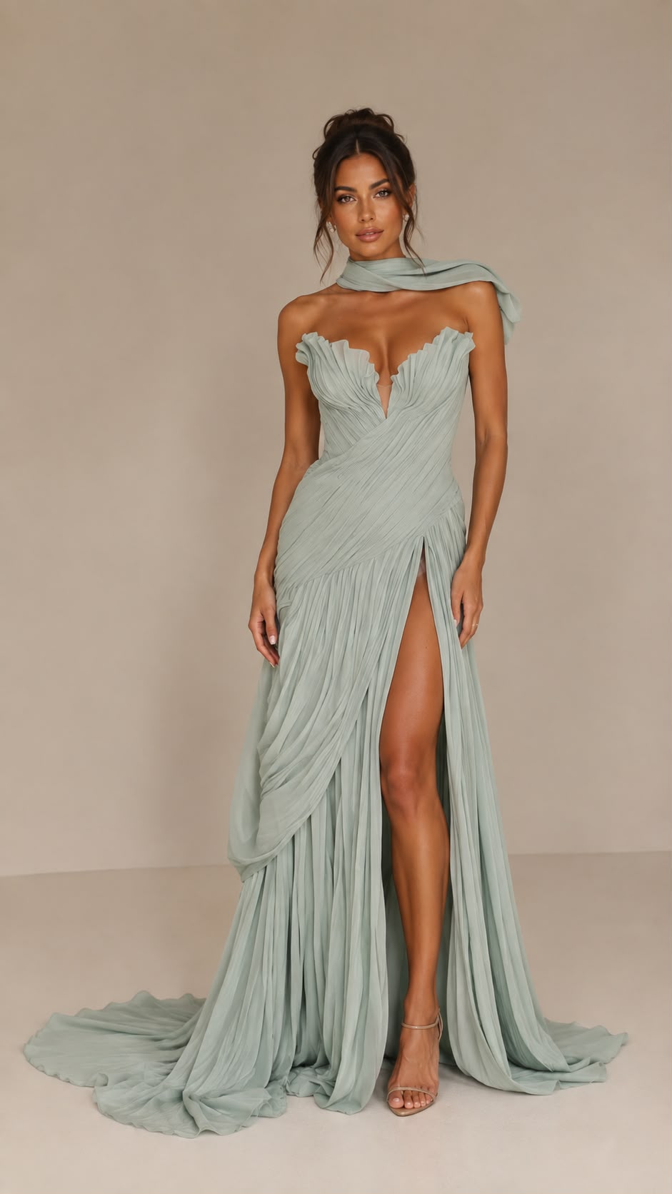 Pleated Chiffon Fishtail Gown