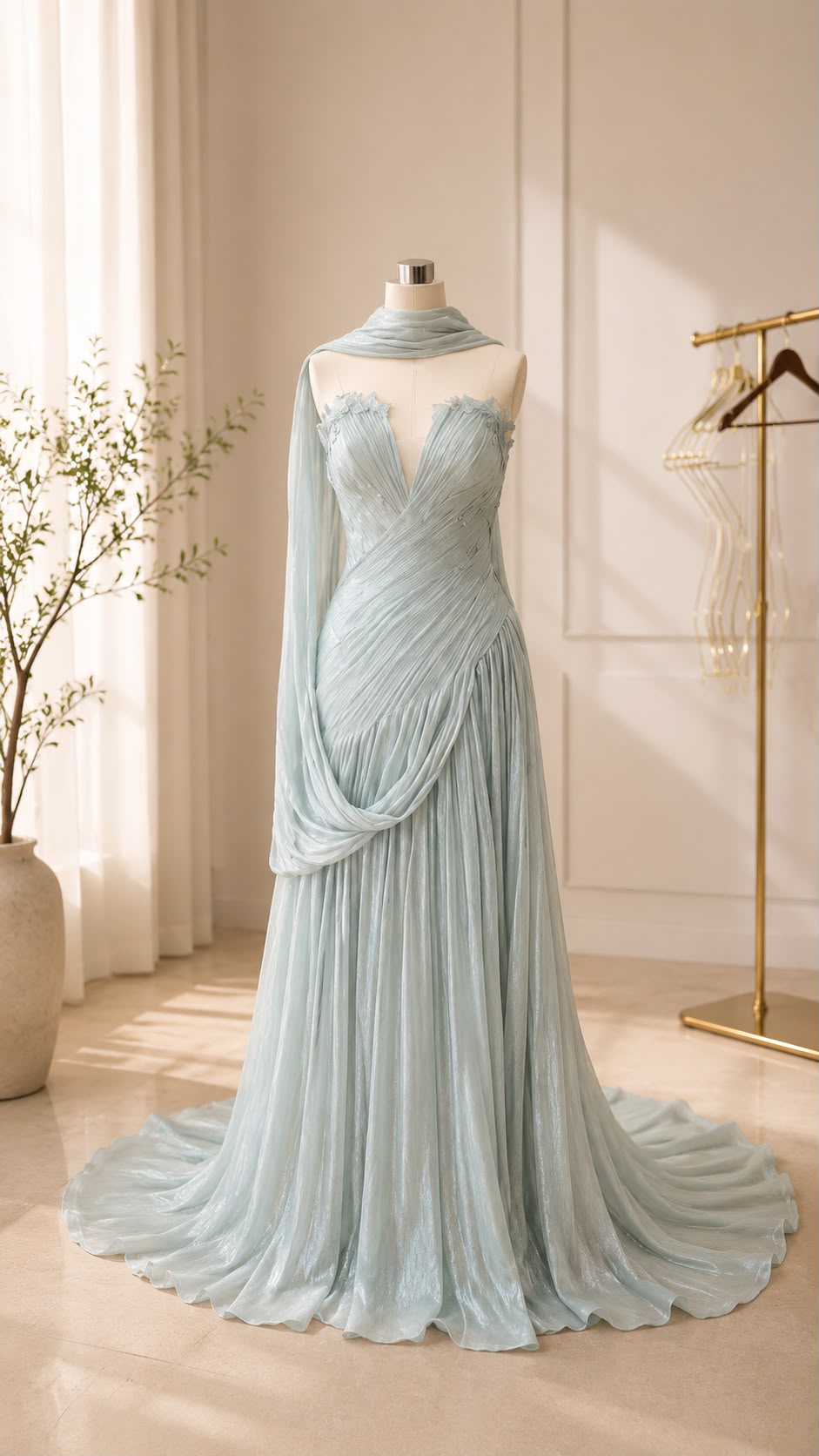 Pleated Chiffon Fishtail Gown