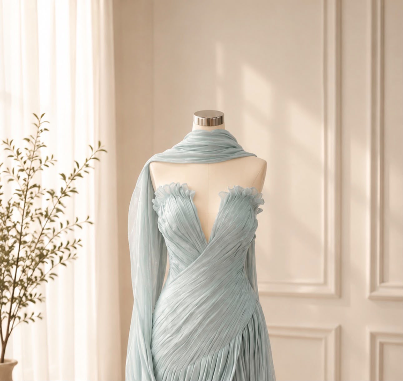 Pleated Chiffon Fishtail Gown
