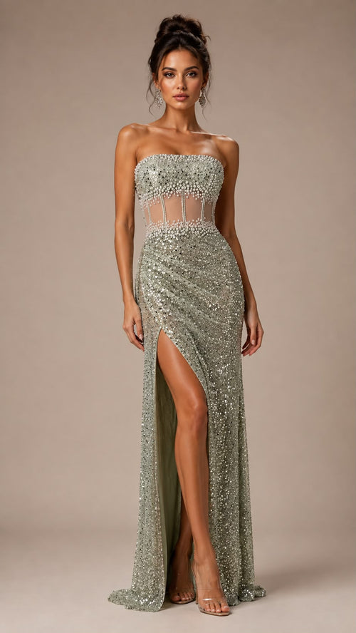 Beaded Corset High-Slit Gown