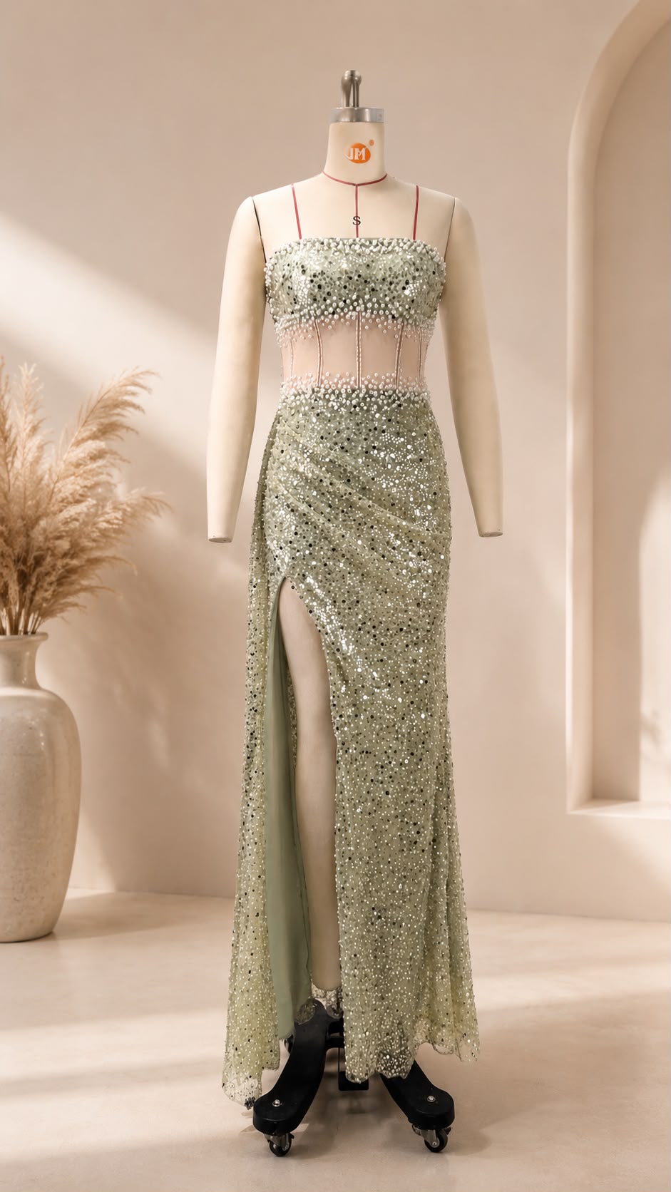 Beaded Corset High-Slit Gown