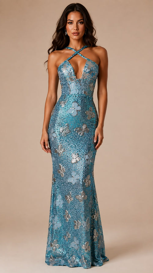 Sequin Butterfly Mermaid Gown