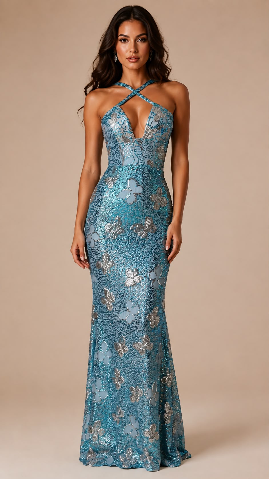 Sequin Butterfly Mermaid Gown