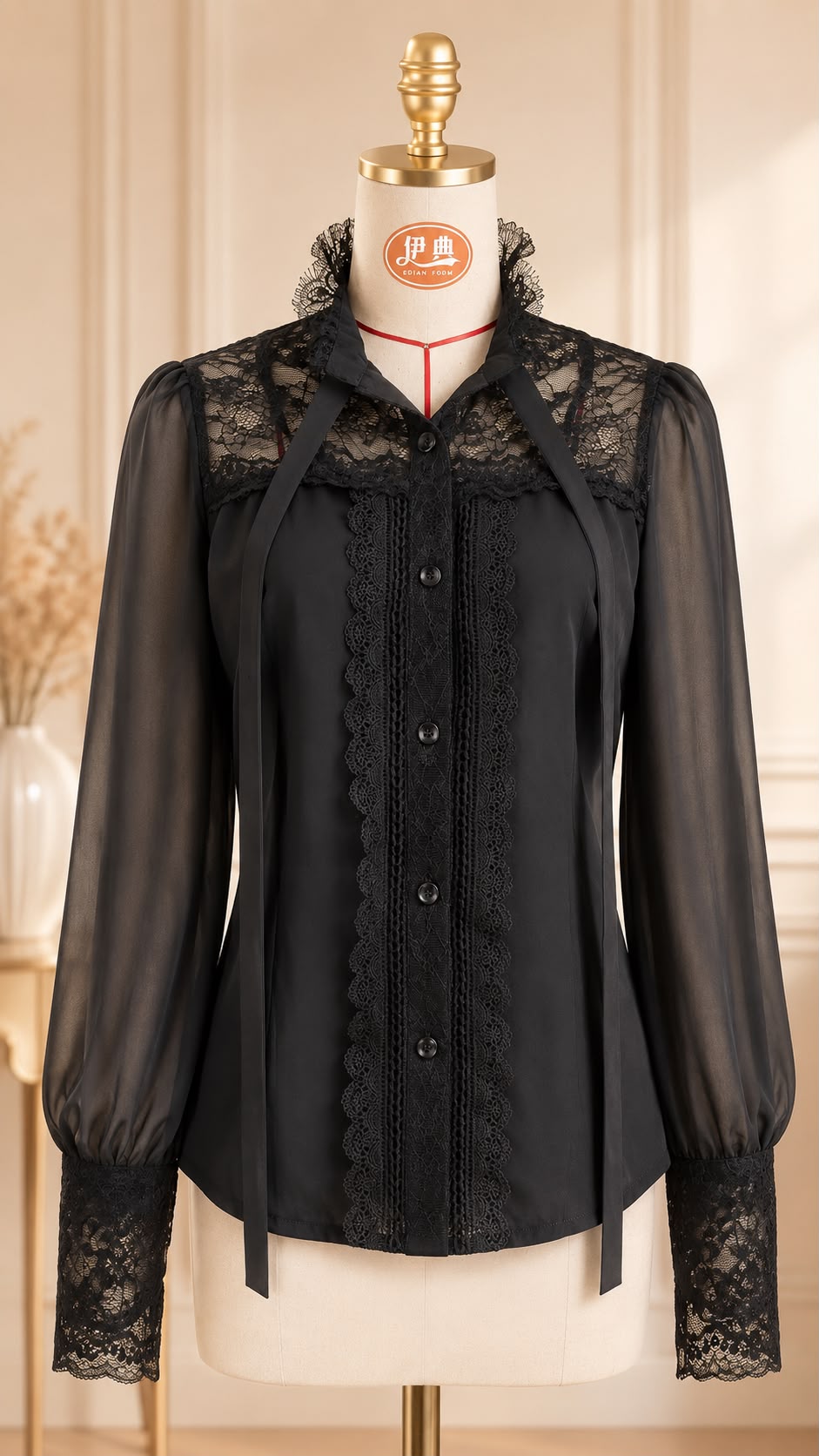 Lace-Trim Sheer Sleeve Blouse