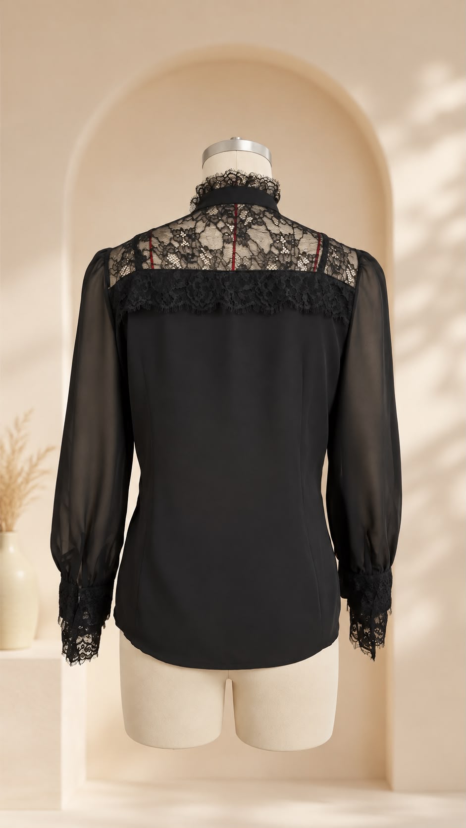 Lace-Trim Sheer Sleeve Blouse