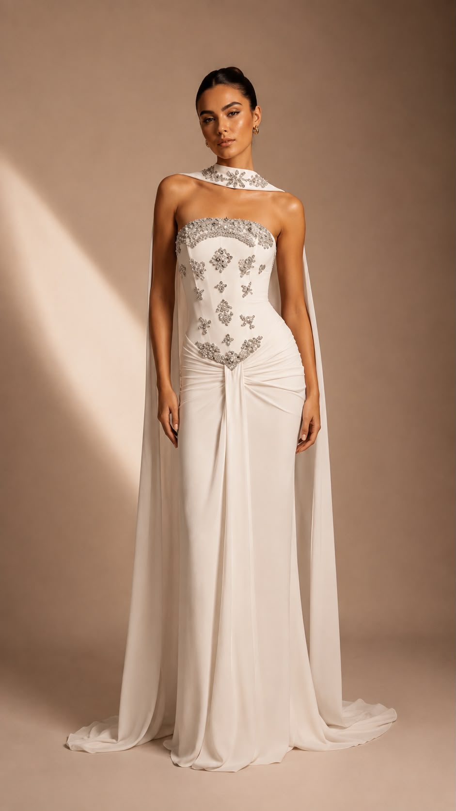 Crystal Applique Draped Column Gown