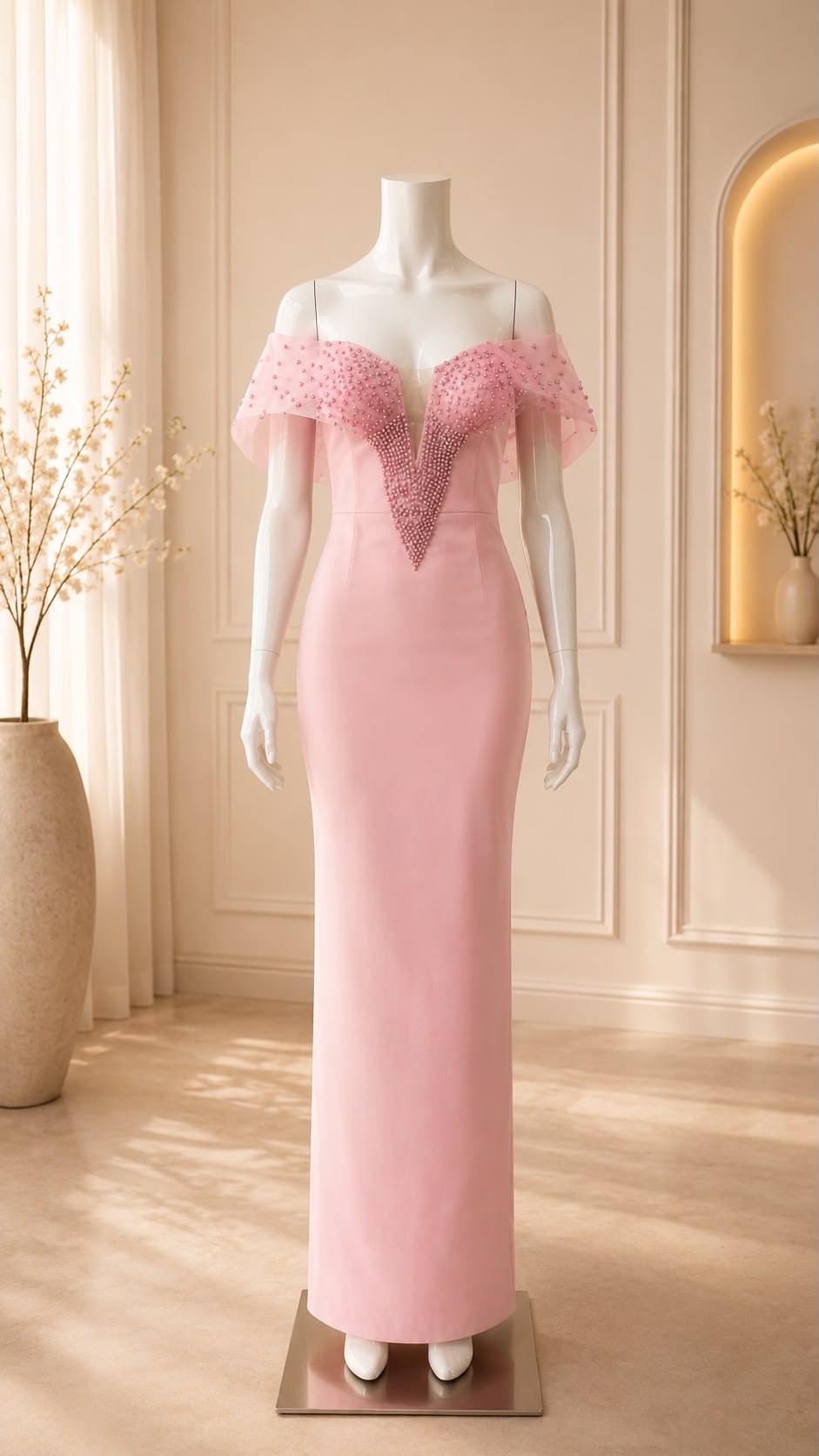 Pearl Bow Off-Shoulder Column Gown