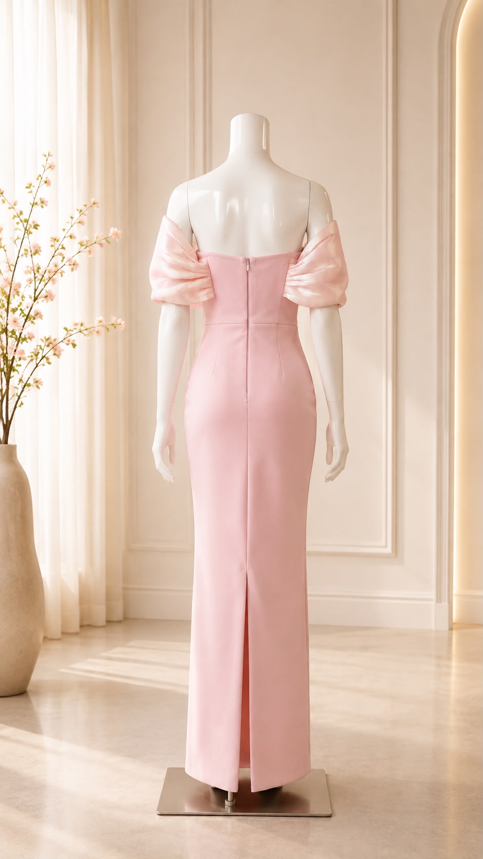 Pearl Bow Off-Shoulder Column Gown