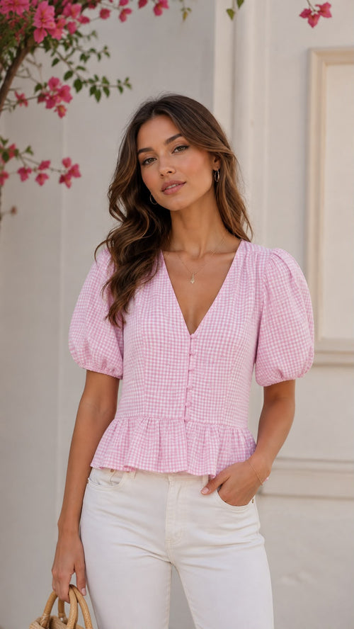 Gingham Puff Sleeve Peplum Blouse