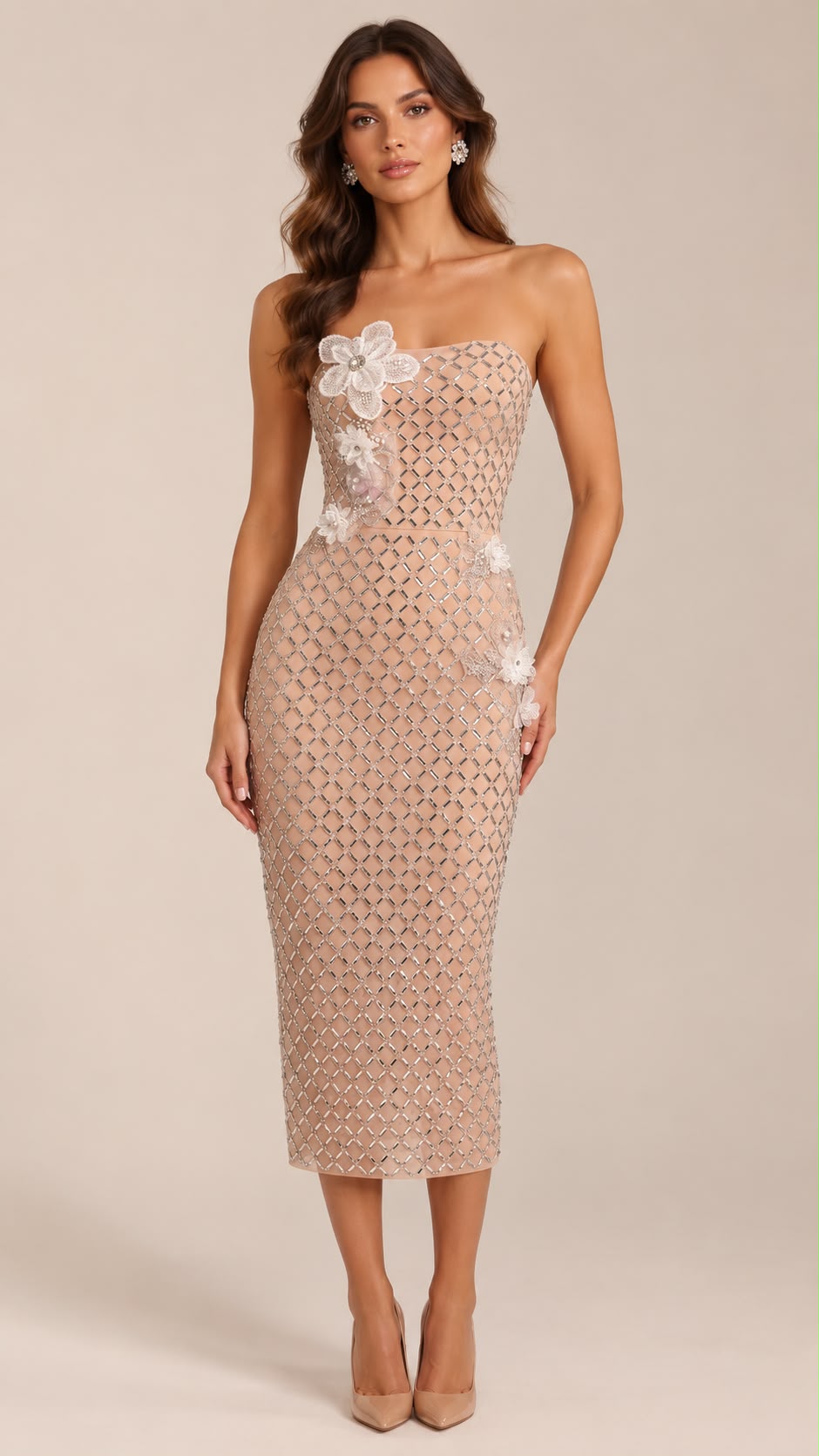 Crystal Lattice Mesh Strapless Dress