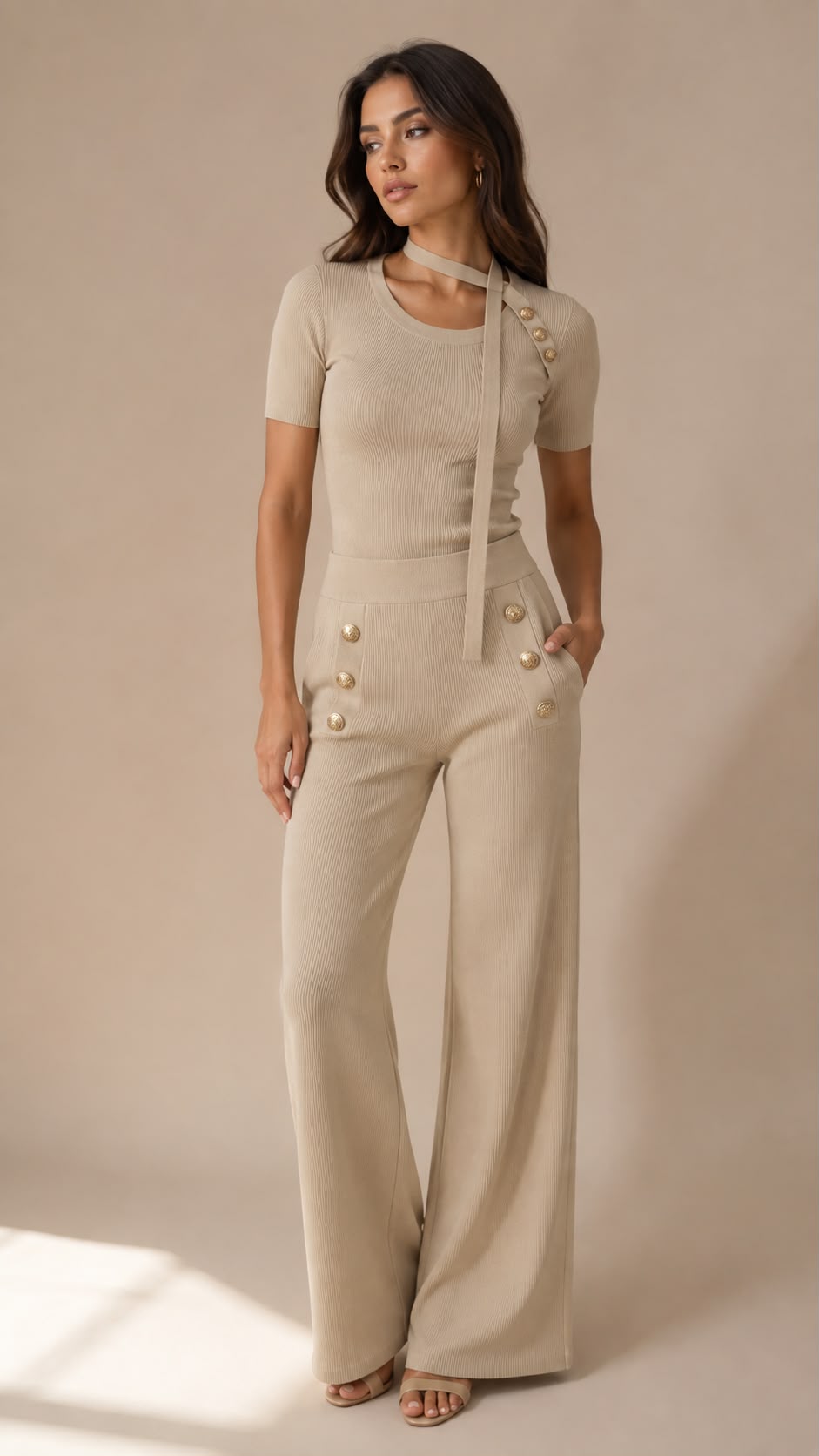 Gold Button Knit Top and Trouser Set