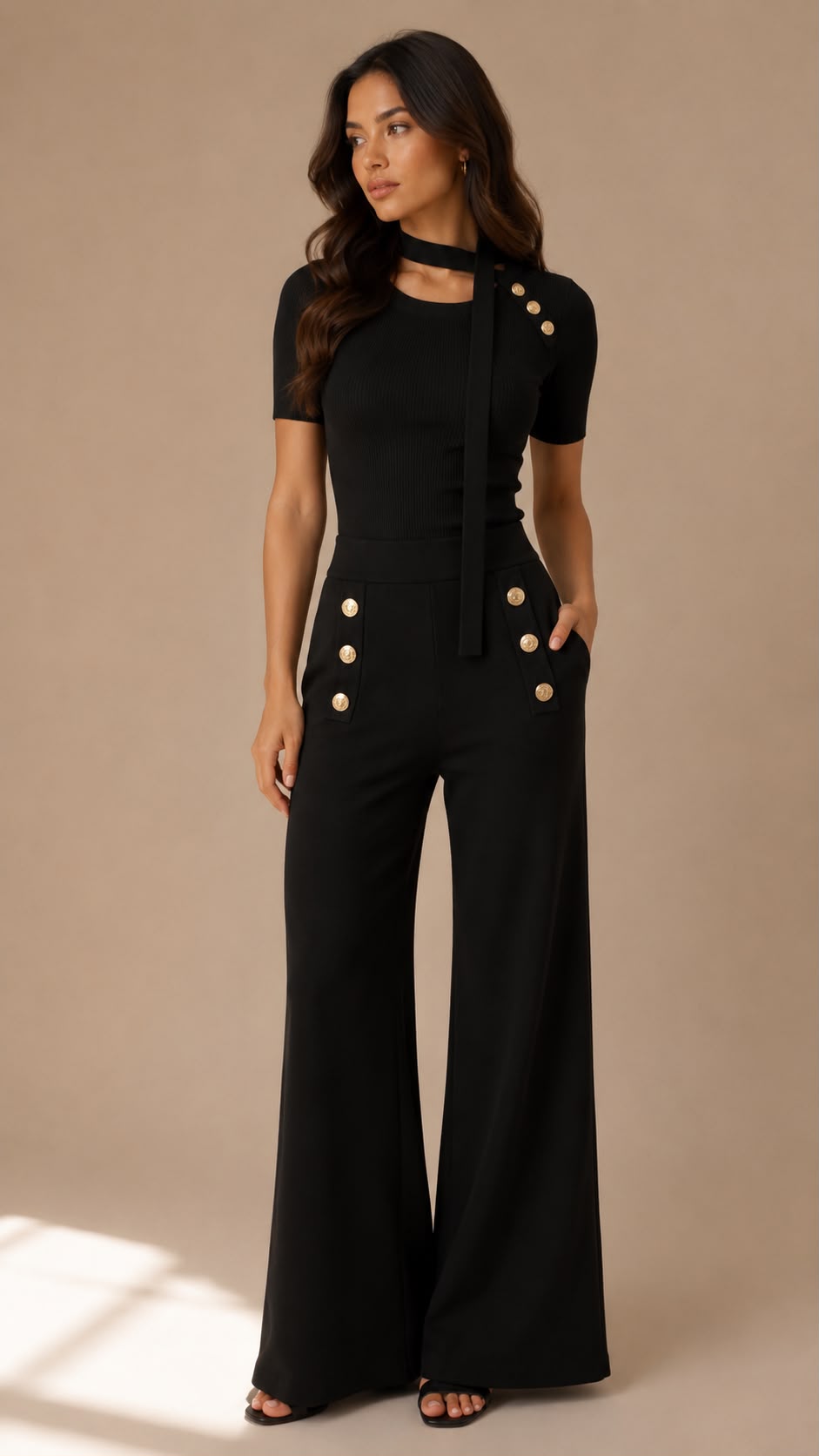 Gold Button Knit Top and Trouser Set