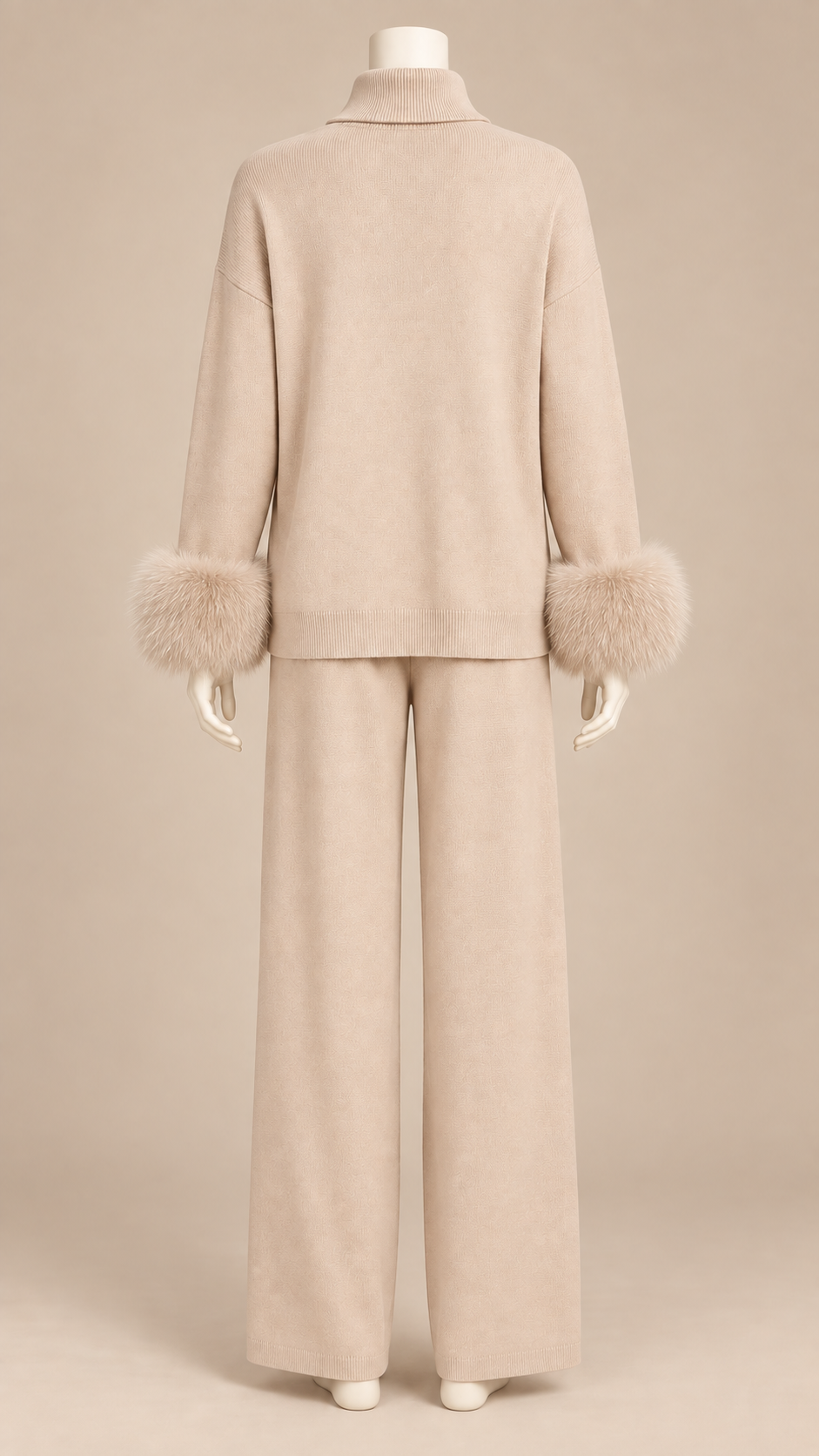Noor Fur-Pom Knit Set — Apricot mannequin back