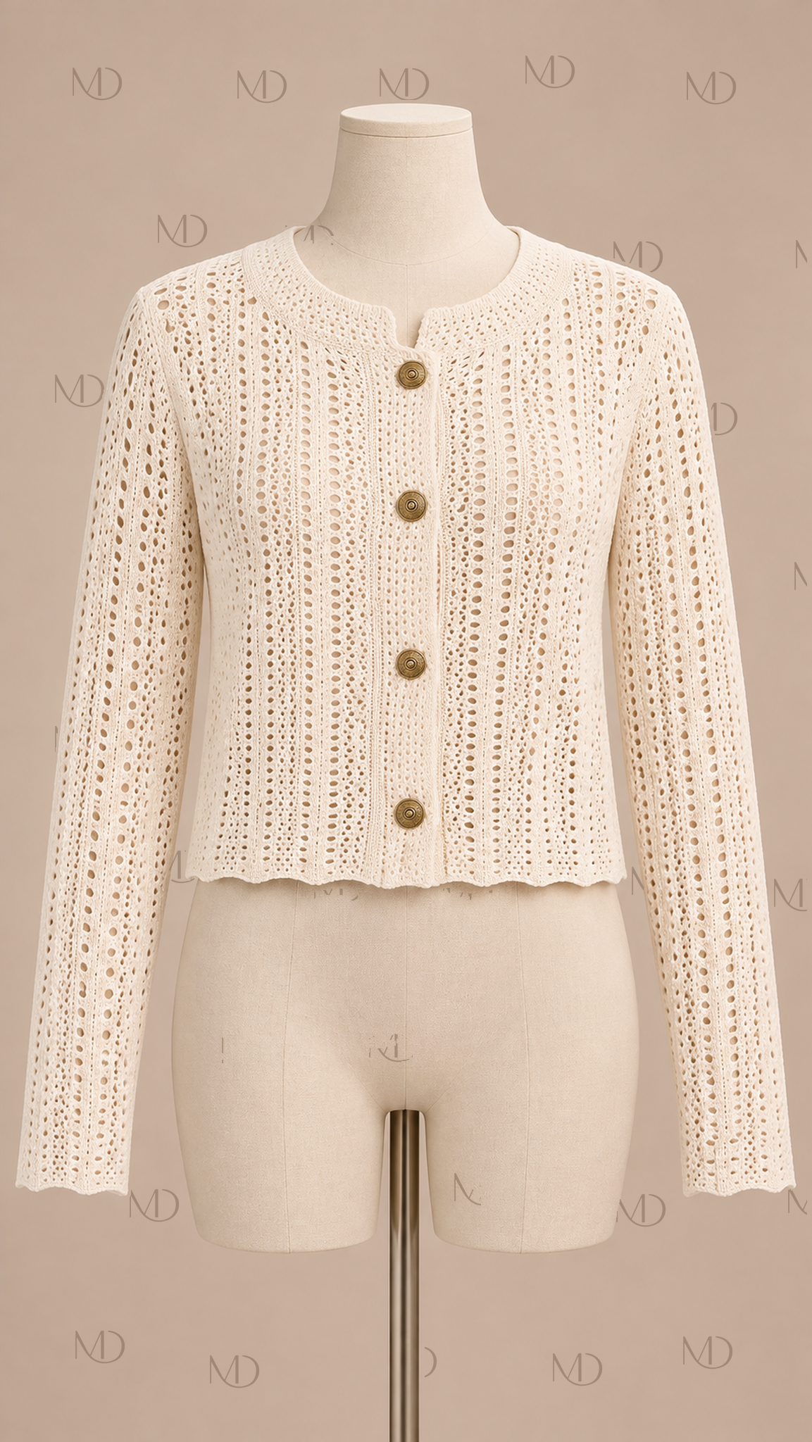Odette Crochet Knit Cardigan — Apricot mannequin front