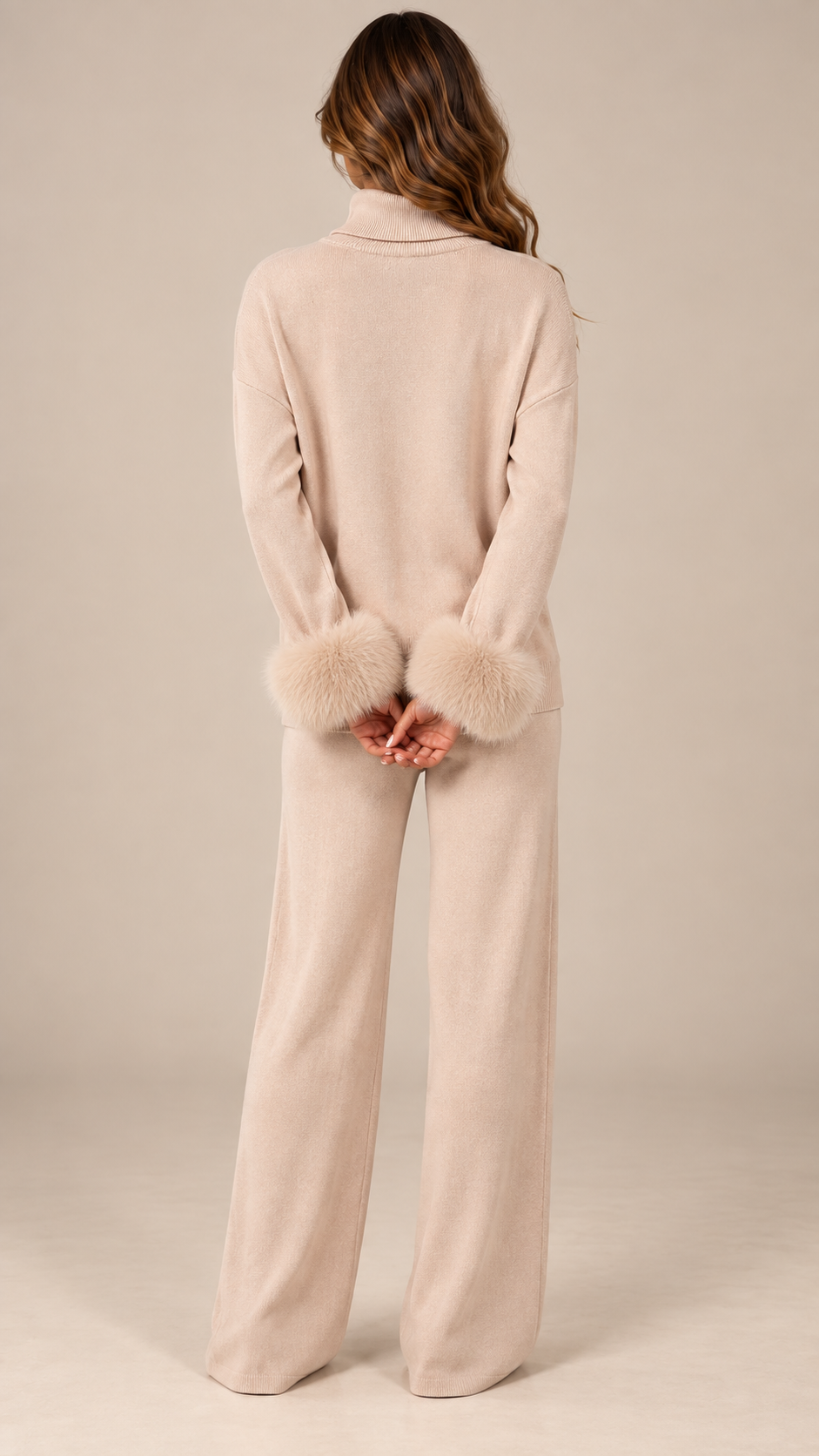 Noor Fur-Pom Knit Set — Apricot model back