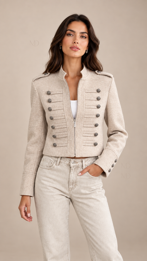 Sloane Military Cropped Jacket — Apricot model front