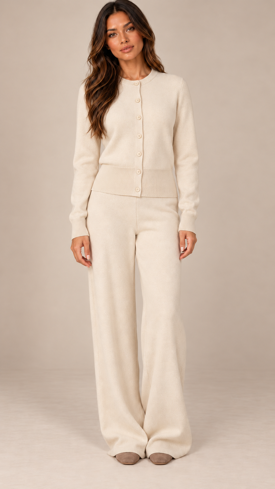 Ottoline Ribbed Cardigan Set — Apricot model front