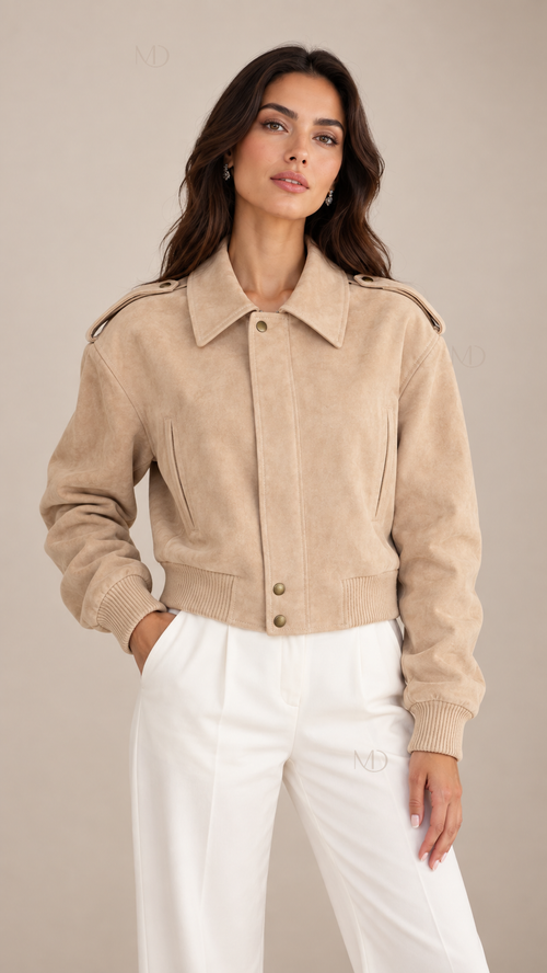 Sienna Suede Bomber Jacket — Apricot model front