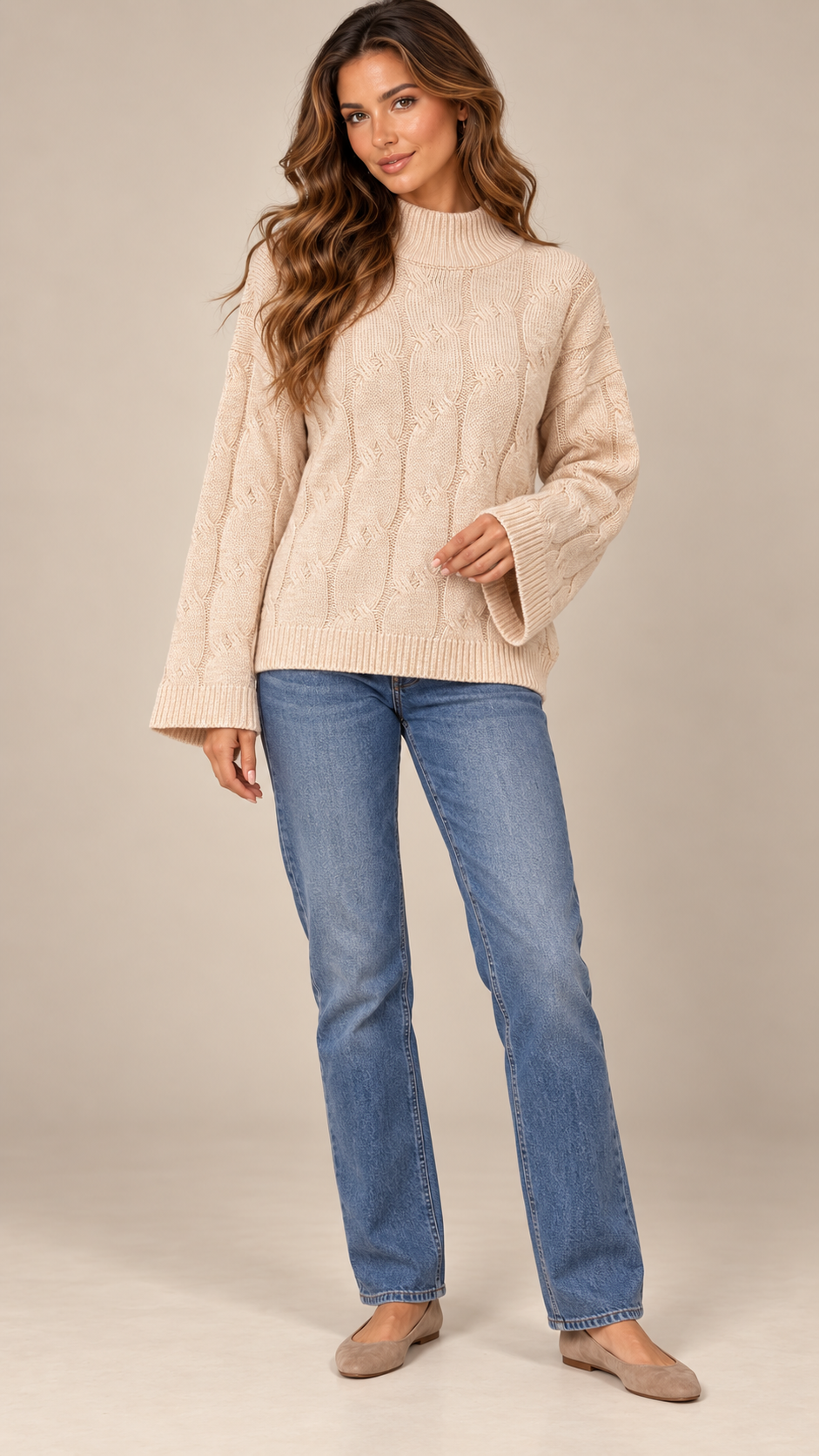Bettina Cable Sweater — Apricot model front