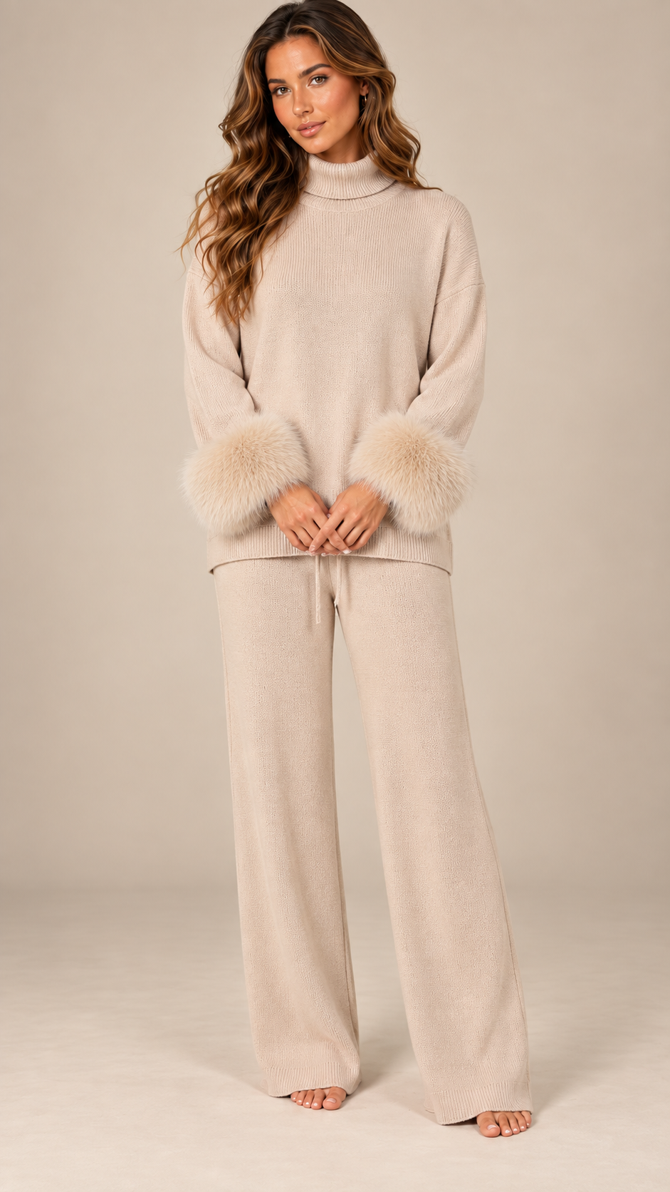 Noor Fur-Pom Knit Set — Apricot model front