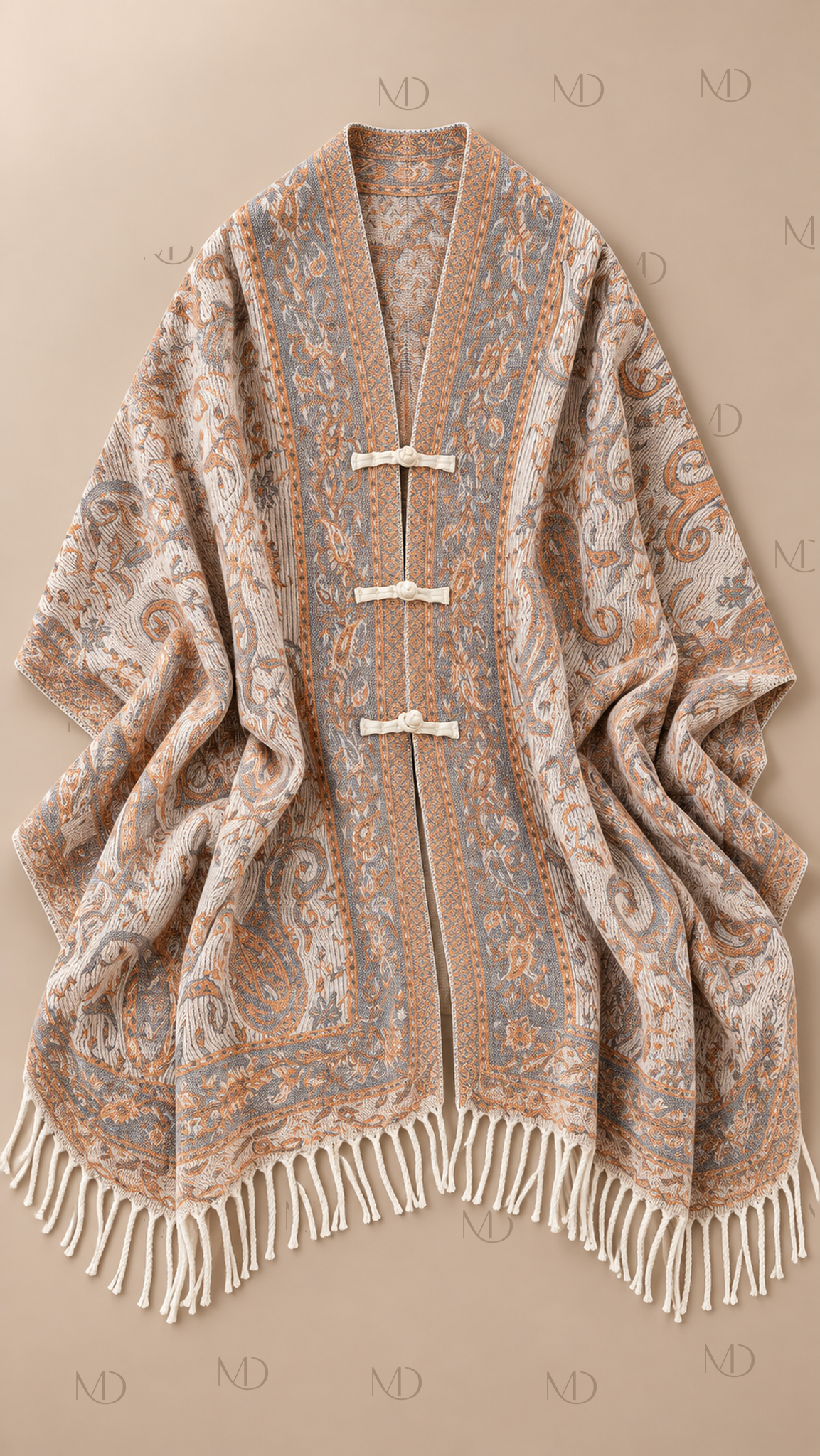 Meiling Paisley Frog-Button Shawl — Apricot product only