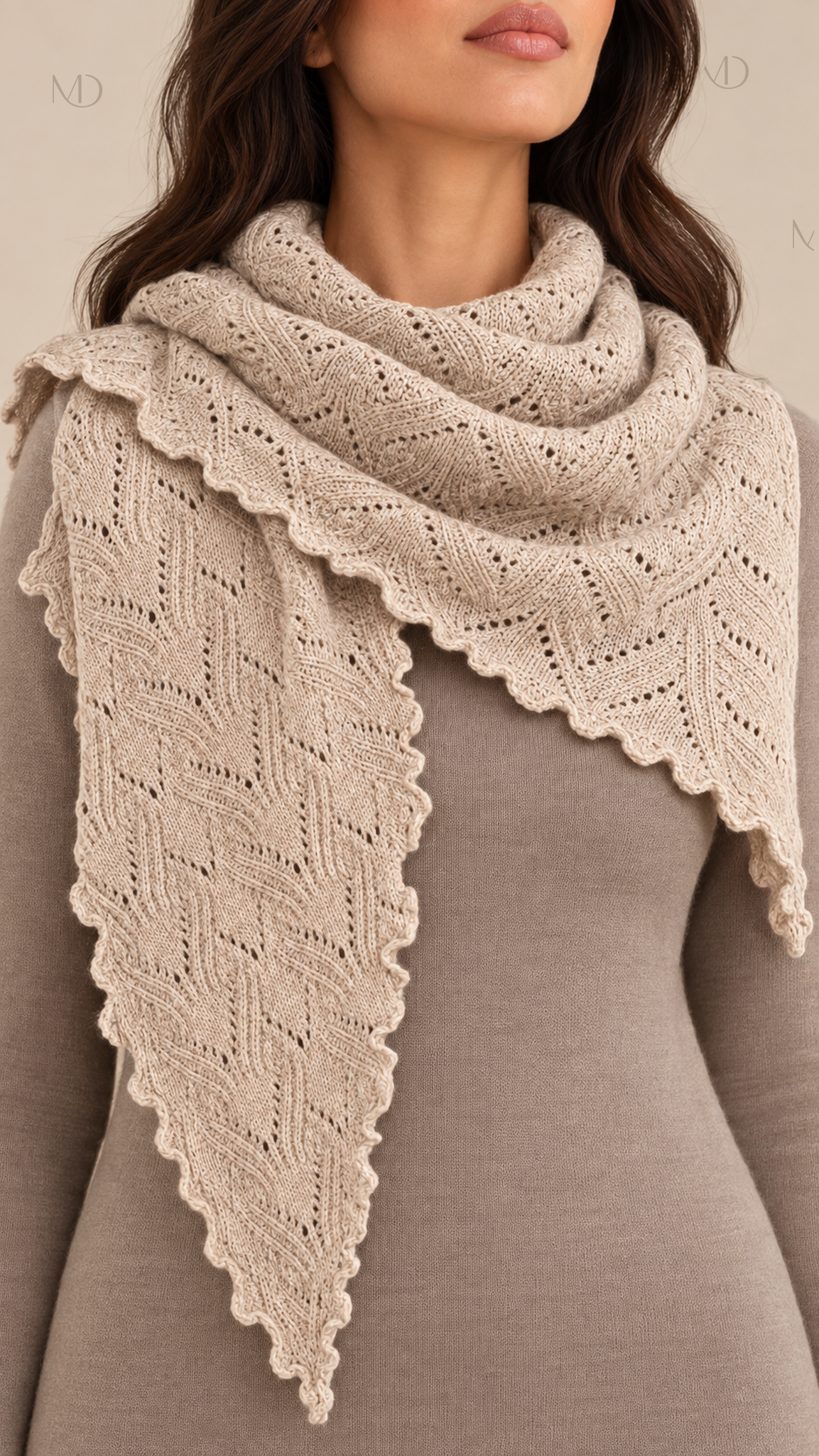 Elowen Pointelle Triangle Scarf — Apricot worn closeup