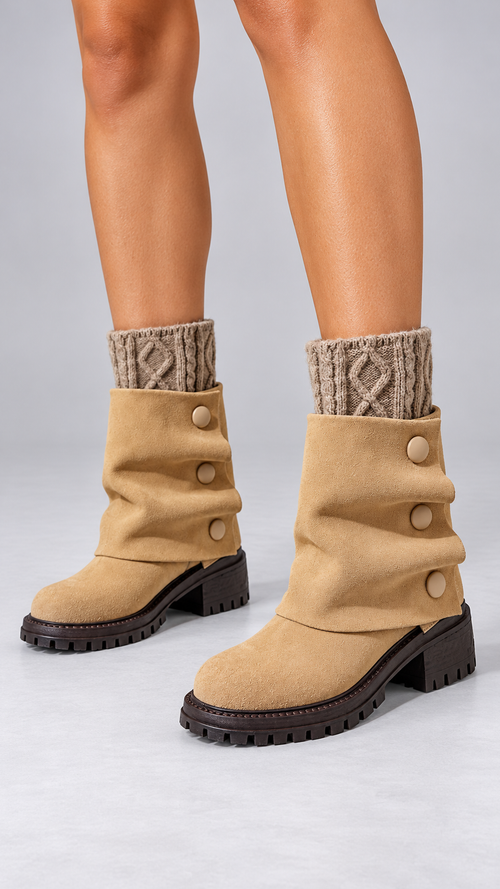 Annabeth Cable-Cuff Ankle Boot — Apricot worn closeup