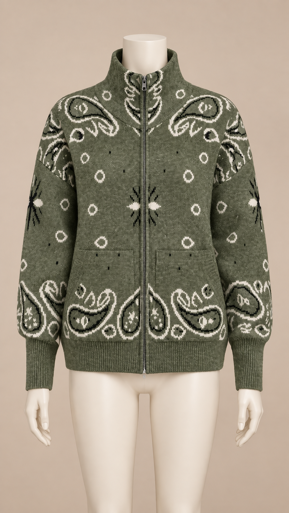 Sienna Paisley Zip Cardigan — Army Green mannequin front