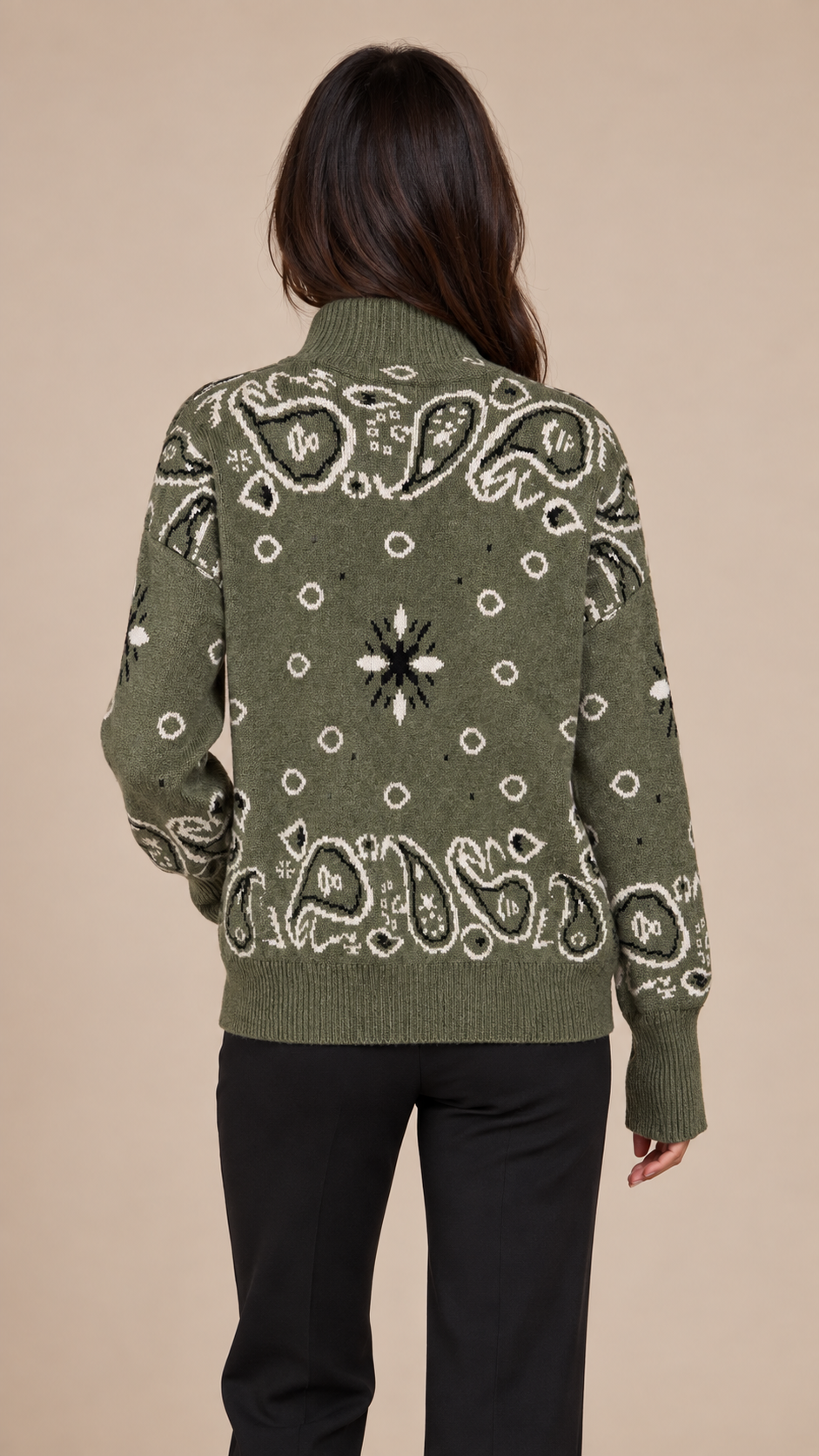 Sienna Paisley Zip Cardigan — Army Green model back