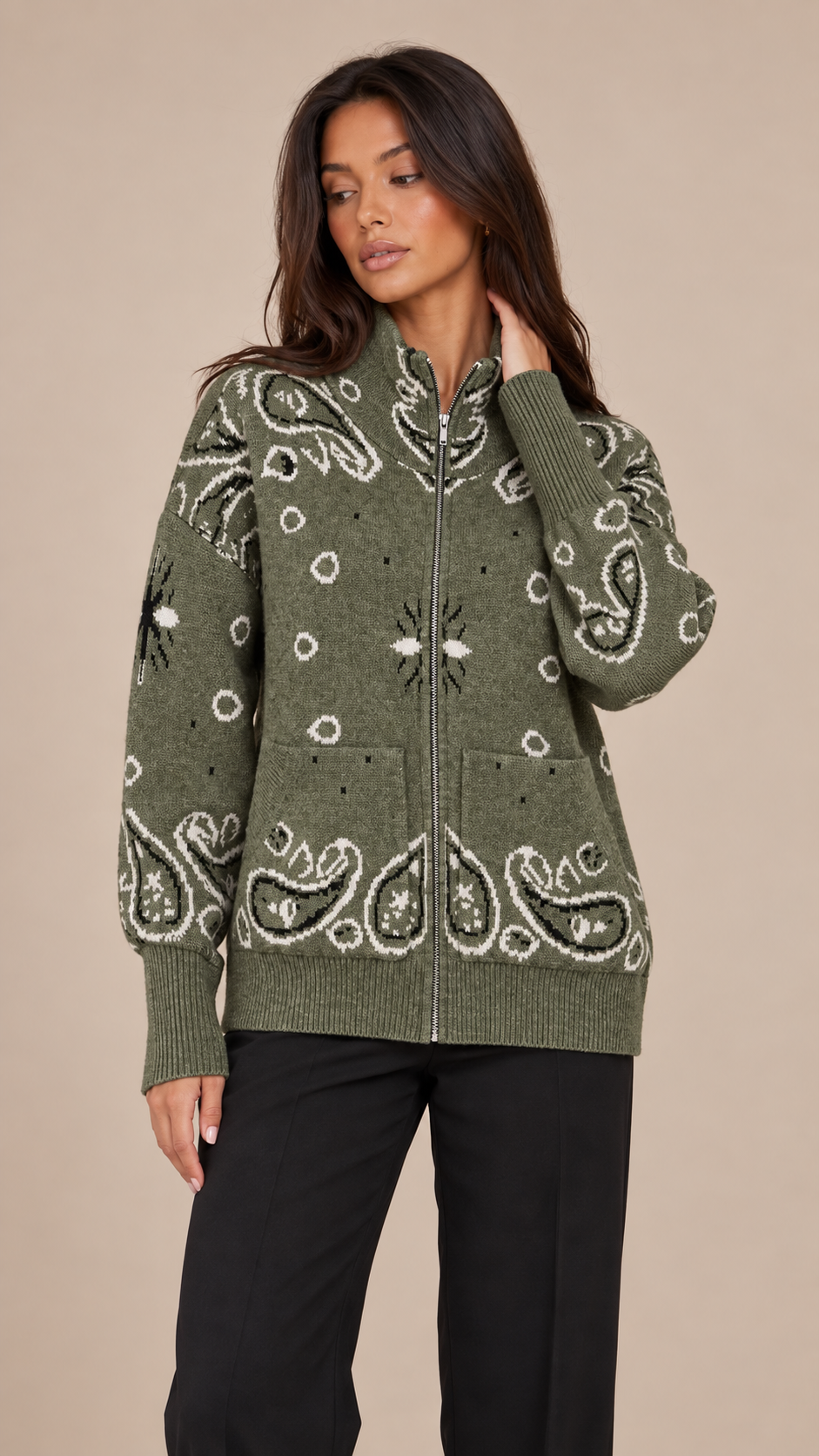 Sienna Paisley Zip Cardigan — Army Green model front