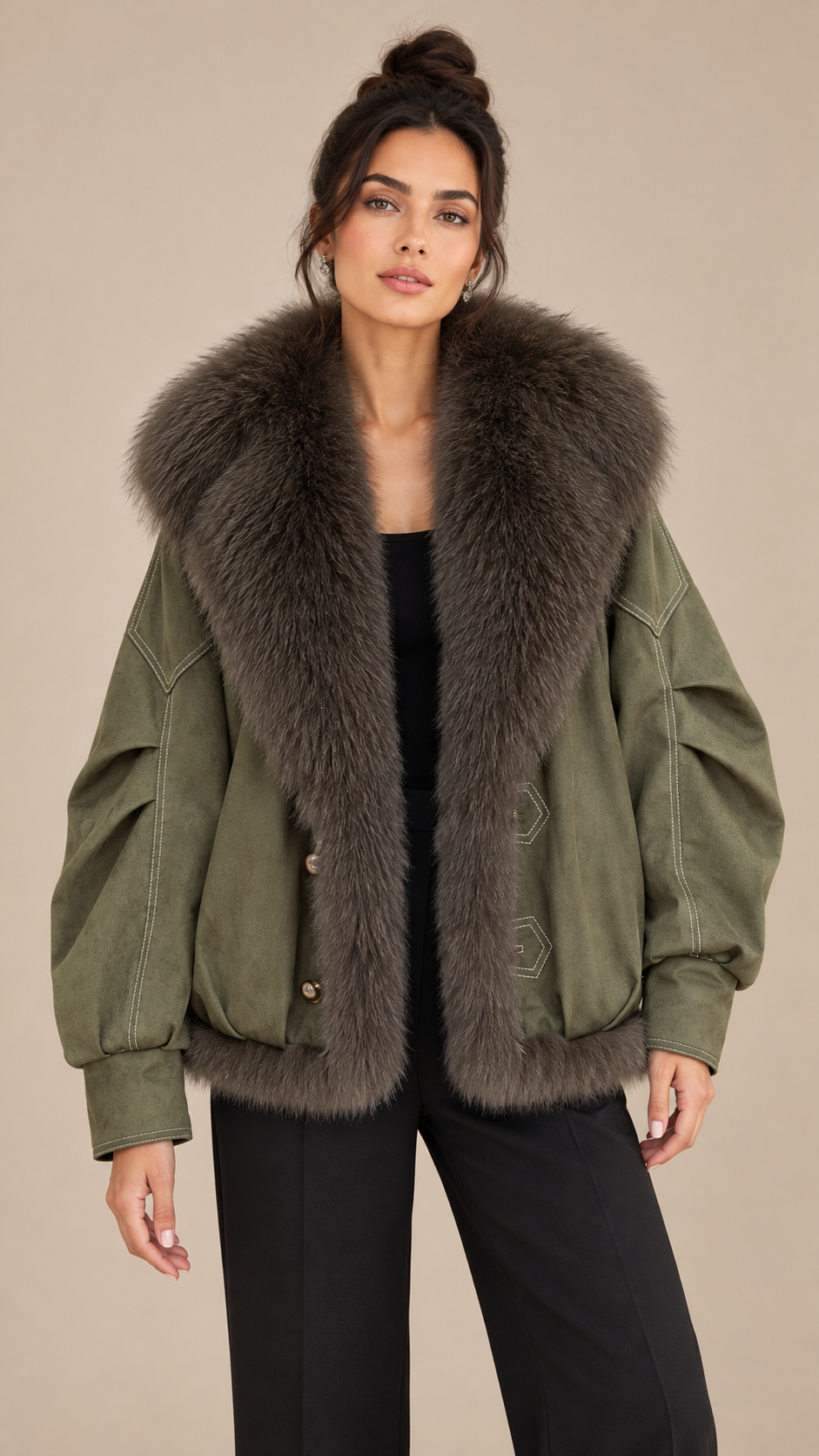 Selene Fox Collar Parka — Army Green model front